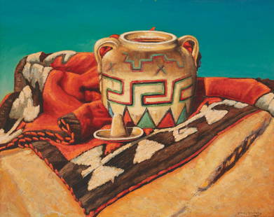 Frank J. Gavencky (1888-1966, Ramona, CA): "Indian Pot," circa 1950 Oil on masonite Signed lower right: Frank J. Gavencky, titled and dated on a gallery label affixed verso 24" H x 30" W Provenance: Michael Johnson Fine Arts, Fallbrook, C