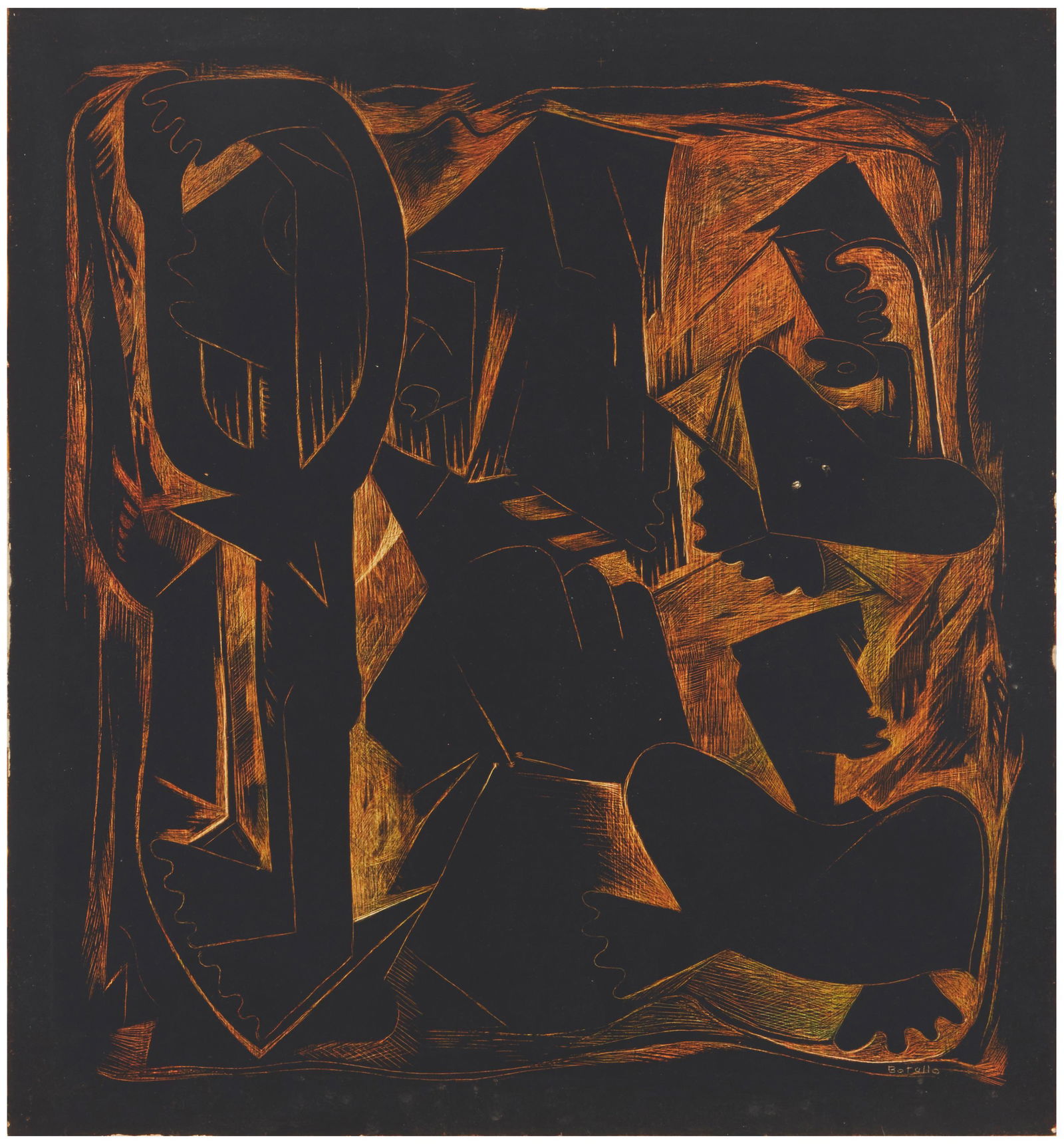 Angel Botello (1913-1986, Spanish/Puerto Rican): Abstract figural Scratchboard Signed lower right: Botello Sight: 13.25" H x 12.25" W; Board: 14.5" H x 13.5" W