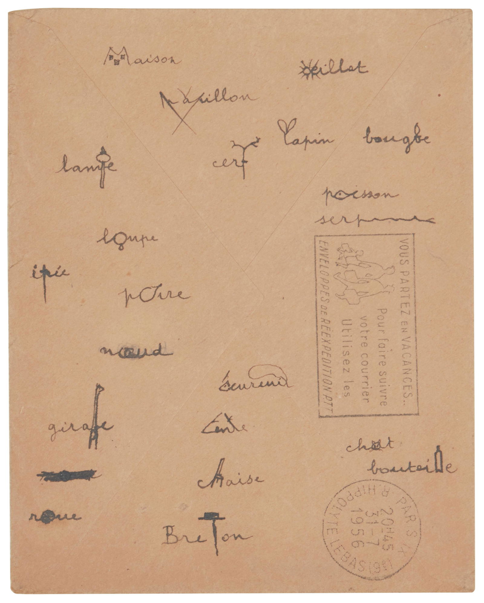 Andre Breton (1896-1966, French): "Vingt et un mos Interpretes," 1956 Ink on envelope laid to board under glass Signed lower center: Breton 5.5" H x 4.25" W Provenance: Calmels Cohen Gallery, Paris, France The Blake Byrne Collec