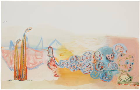 Amy Sillman (b. 1955, American): Untitled, 2001 Watercolor and gouache on Arches paper under Plexiglas Initialed and dated lower right: AS / 01, blindstamp and watermark for Arches upper left 19.25" H x 30" W Provenance: Susanne