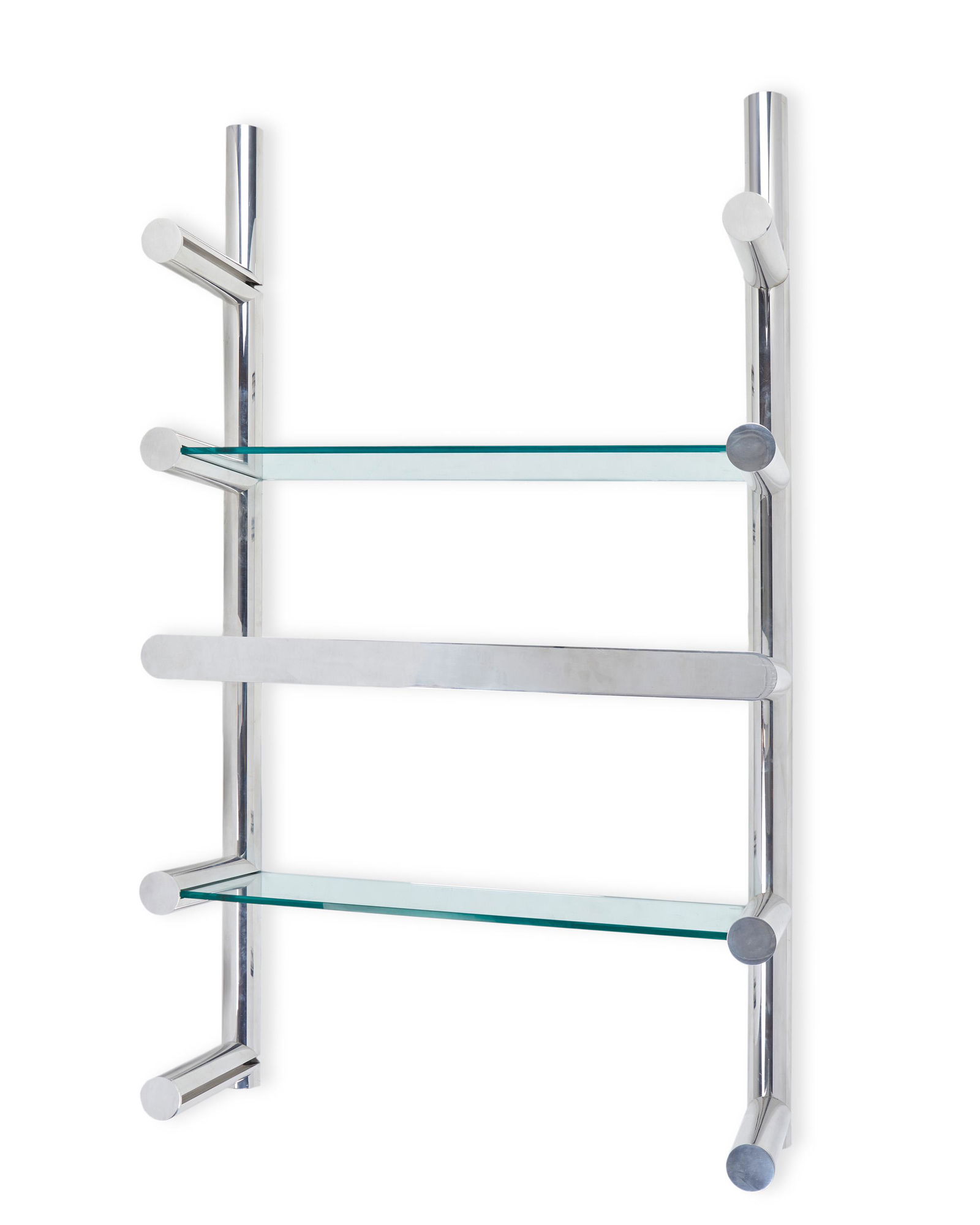 A lighted wall-mounted chrome and glass shelving system (1 of 5)