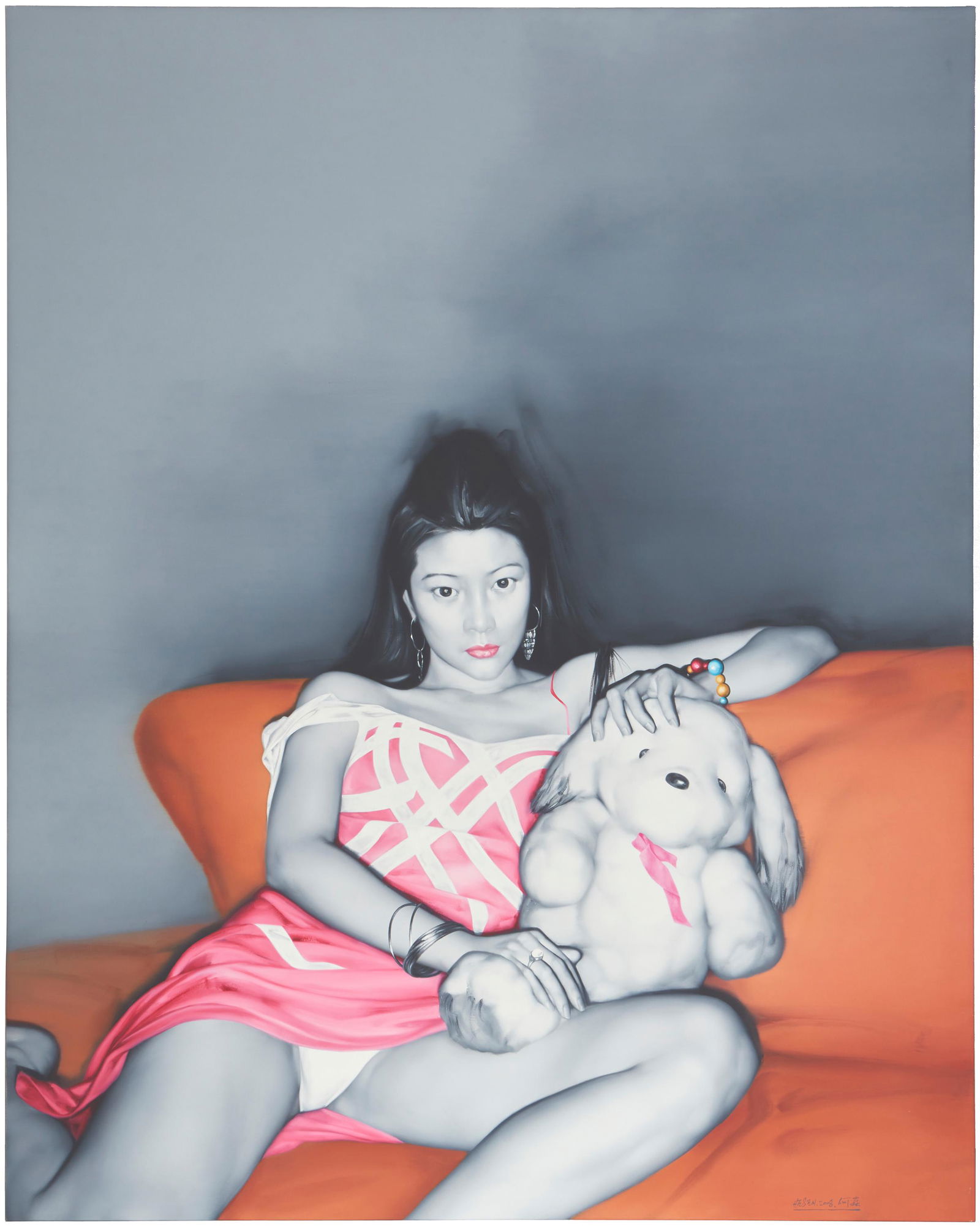 He Sen (b. 1968, Chinese): "Pretty Dudu and Pretty Toy," 2008 Acrylic and oil on linen Signed and dated lower right: He Sen 2008, signed, titled, and dated again in English and Chinese: He Sen 98.5" H x 78.75" W Provenance