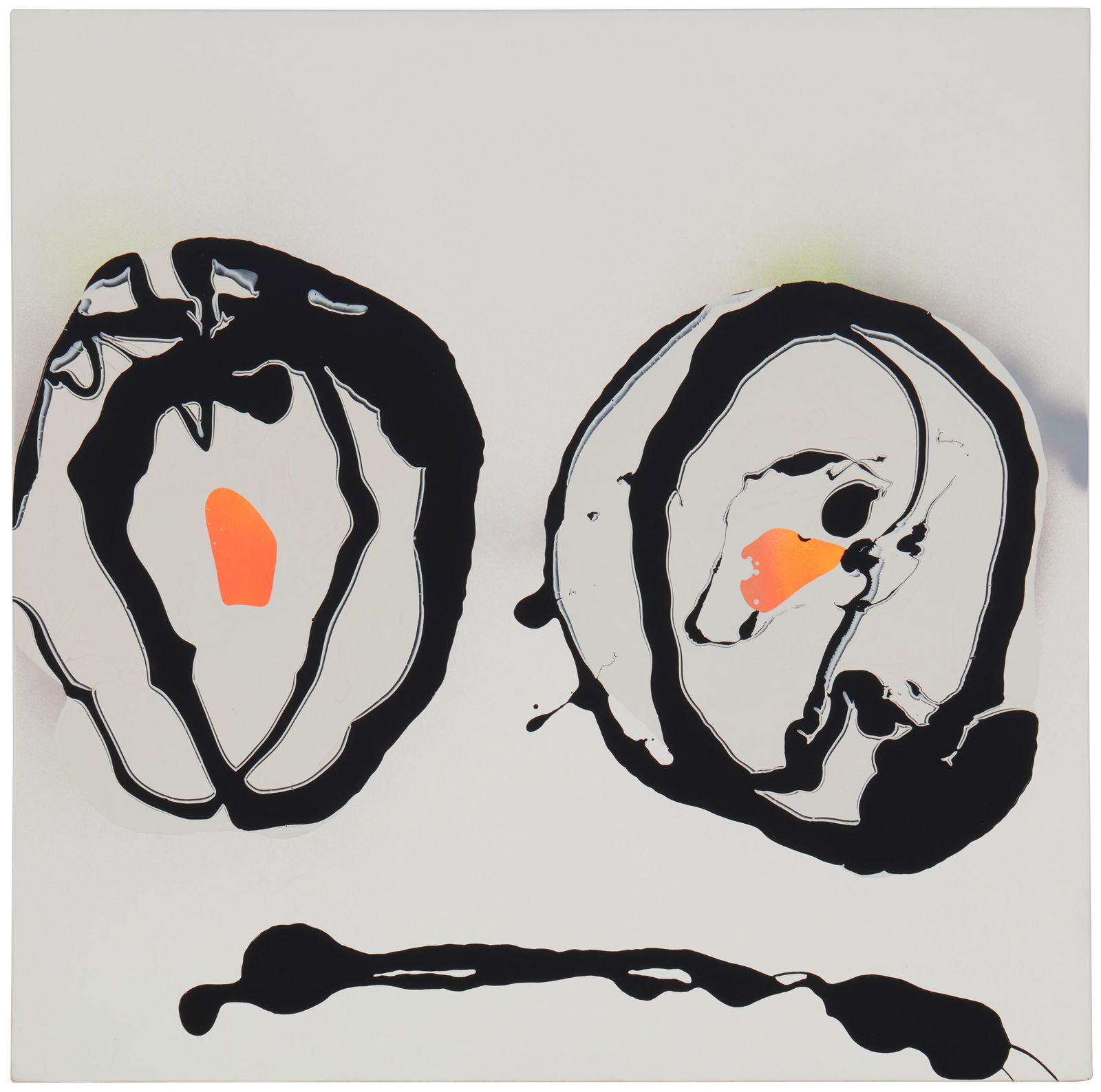 Jon Pylypchuk (b. 1972, Canadian/American): Untitled, 2014 Enamel and spray paint on canvas on panel Signed, dated, numbered, and inscribed verso: JMP.2014.0013 / "For delia Brown with love" 24" H x 24" W Provenance: Paddle8 Auctions, New