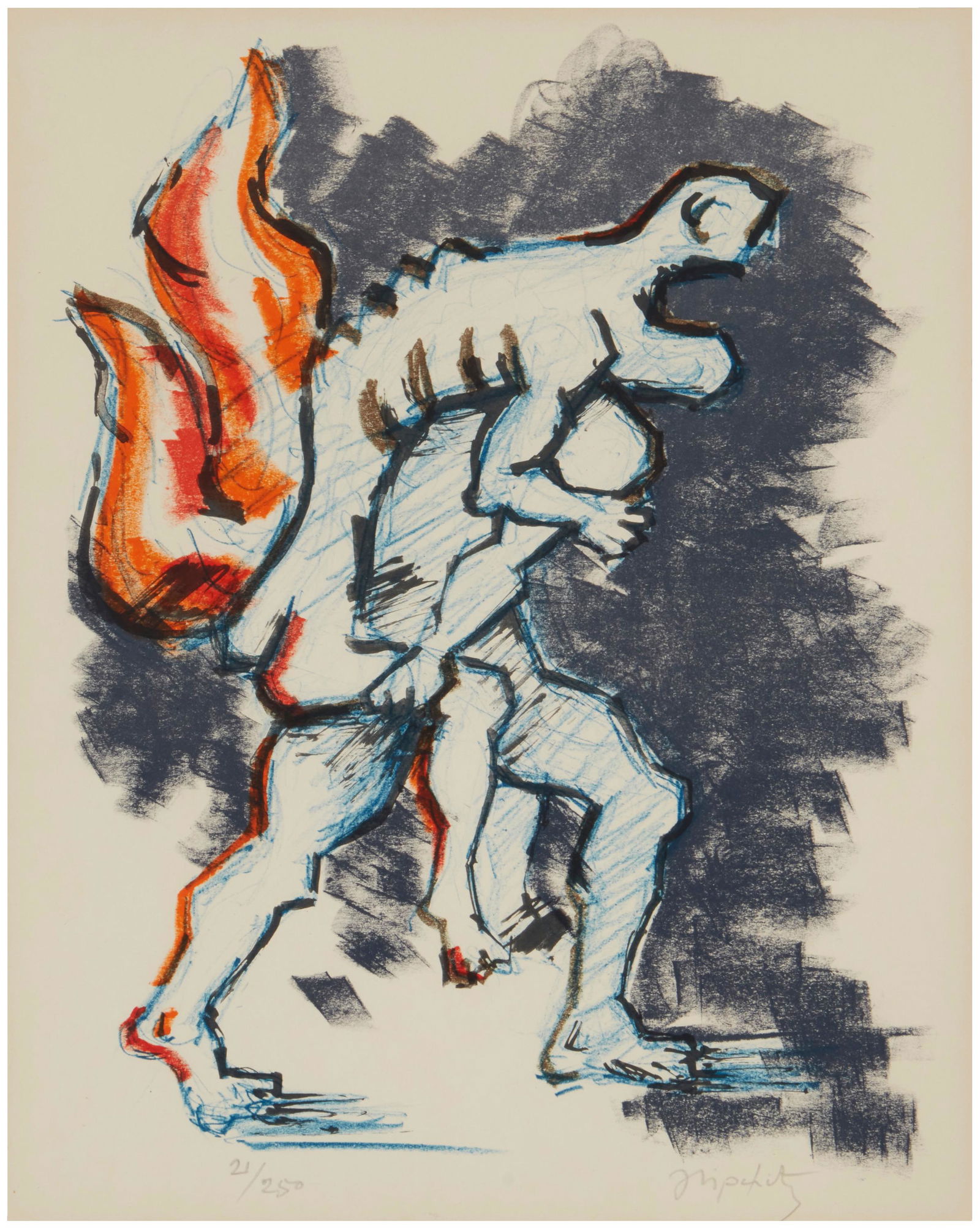 Jacques Lipchitz (1891-1973, American): Untitled (from the "Flight" portfolio), 1970 Color lithograph on paper under glass, International Rescue Committee, pub. Edition 21/250, signed in pencil lower right: J. Lipchitz, numbered in pencil