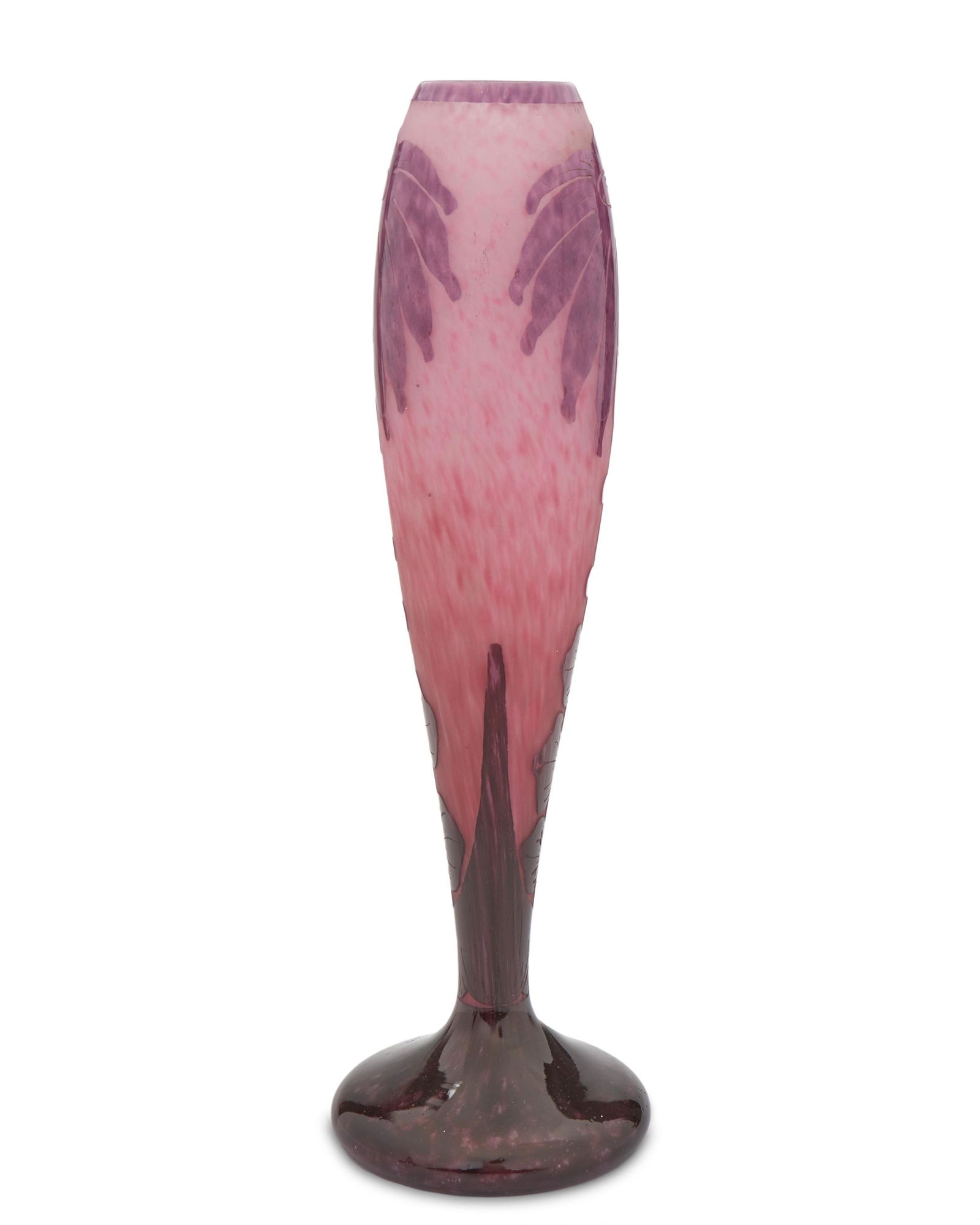 A Charles Schneider Le Verre Français cameo glass: Circa 1925; Epinay-sur-Seine, France Signed: Le Verre Francais / France / Ovington Made for Ovington New York, the acid-etched cameo glass "Dahlia" vase with a tapered neck and wide base cut from gl