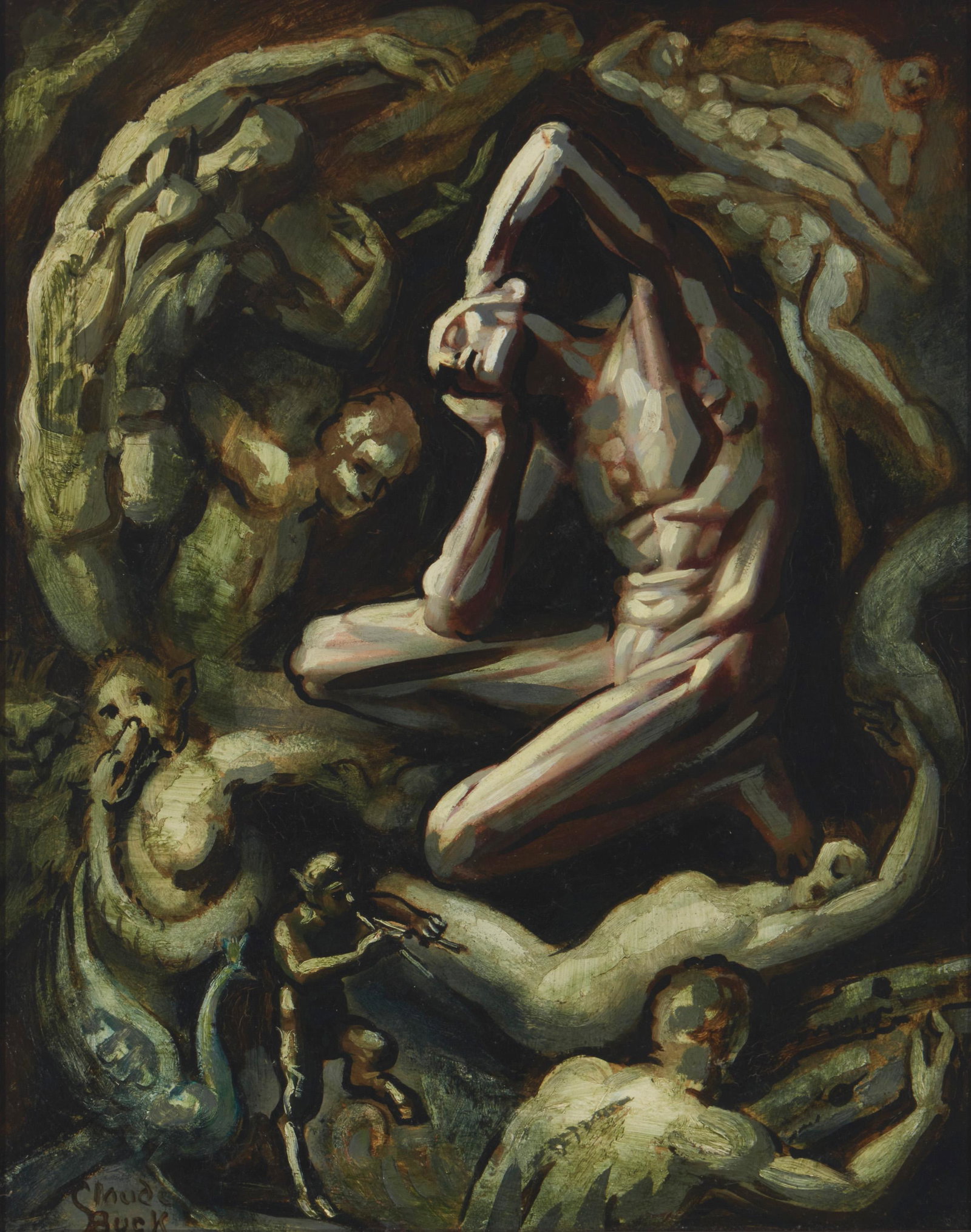 Claude Buck (1890-1974, Santa Cruz, CA): Mythological figural scene Oil on board Signed lower left: Claude Buck 20" H x 16" W Notes: With an unfinished portrait verso.