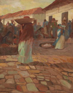 Carl Oscar Borg (1879-1947, Santa Barbara, CA): "Market, Tegucigalpa, Honduras" Oil on canvas laid to canvas Signed lower left: Carl Oscar Borg, titled on a card affixed to the backing board 20" H x 16" W Provenance: The May Gallery,