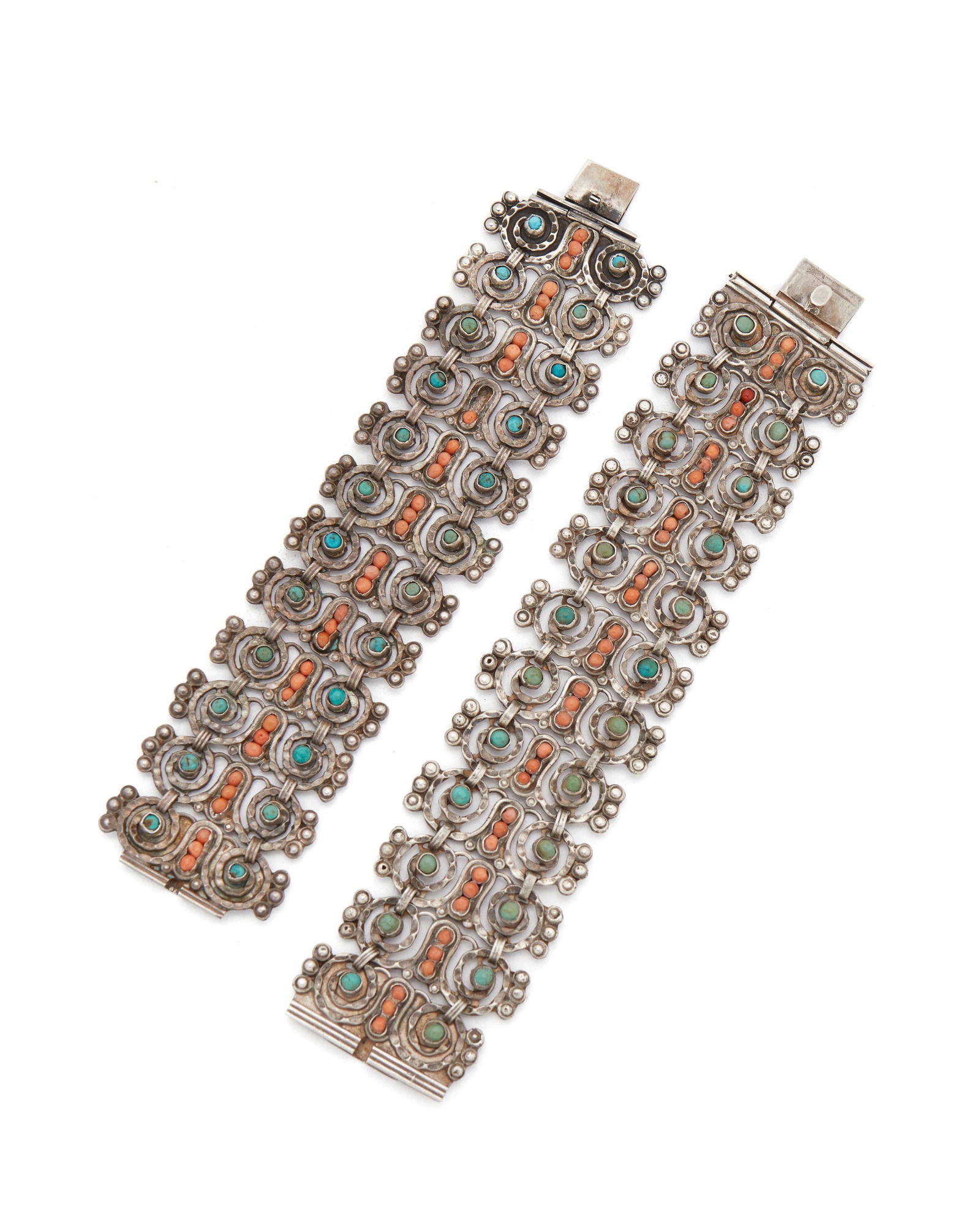 Two Matl silver link bracelets: Circa 1934-1948; Mexico City, Mexico Stamped: Matl; One further stamped: 0.925/ Hecho en Mexico Designed by Matilde Poulat, comprising a bracelet designed with repeating links set with turquoise and