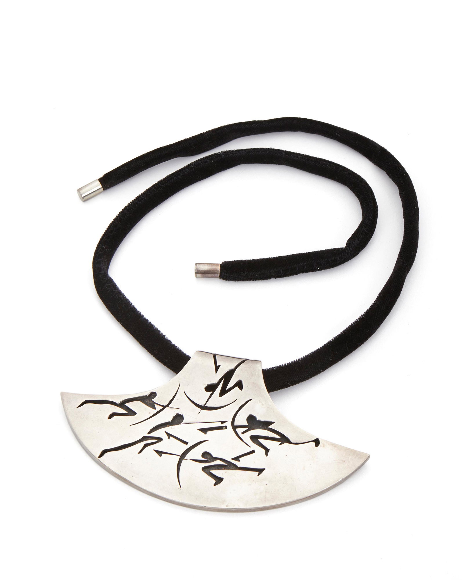 An Antonio Pineda Lascaux-inspired sterling silver: Circa 1953-1979; Taxco, Mexico Crown mark for Antonio Pineda; Further stamped: Eagle 17 / Hecho en Mexico / 970 / Silver / YY581 The pendant designed with a Lascaux-inspired hunting scene on a black