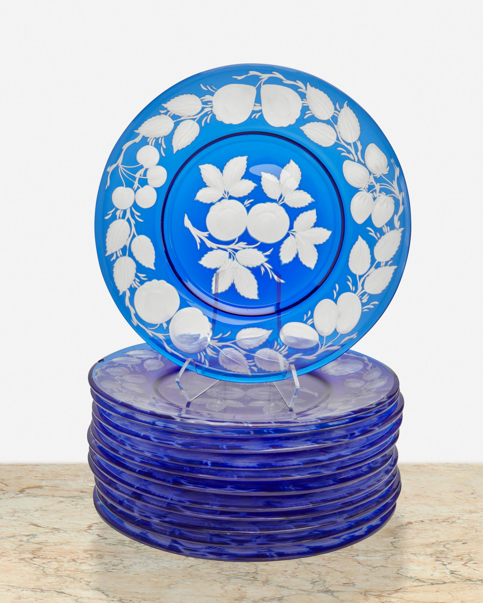 Twelve Pairpoint cobalt blue art glass fruit plates (1 of 4)