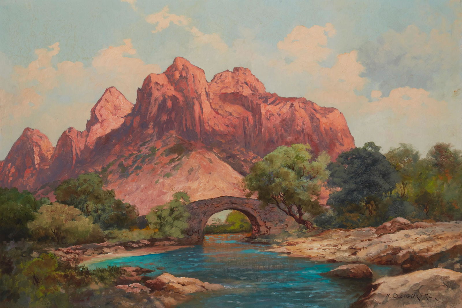 Alexander Dzigurski (1911-1995, Los Angeles, CA): "Zion Ntl. Pk. Utah - Virgin River" Oil on canvas Signed lower right: A. Dzigurski, titled on the stretcher 24" H x 36" W Provenance: Camilla Lucas, New York, NY