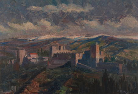 Arthur Merton Hazard (1872-1930, Los Angeles, CA): Town on a hill Oil on canvas laid to board Signed lower right: A. M. Hazard 13.75" H x 20" W