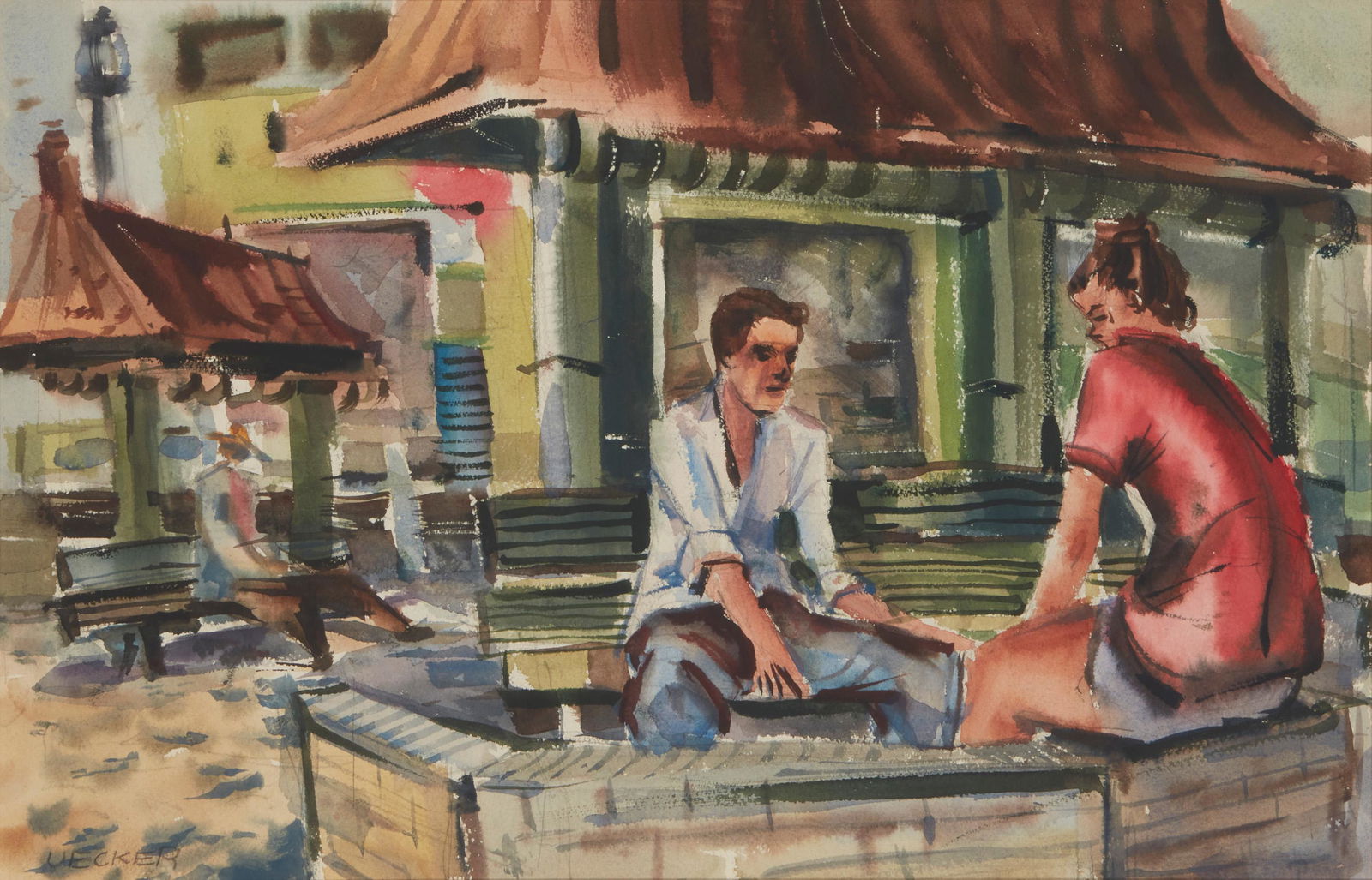 Robert Uecker (1928-2005, Los Angeles, CA): "Teenagers at Venice Beach" Watercolor on paper under glass Signed lower left: Uecker, signed again and titled on a label affixed to the backing paper Sight: 13.5" H x 21" W