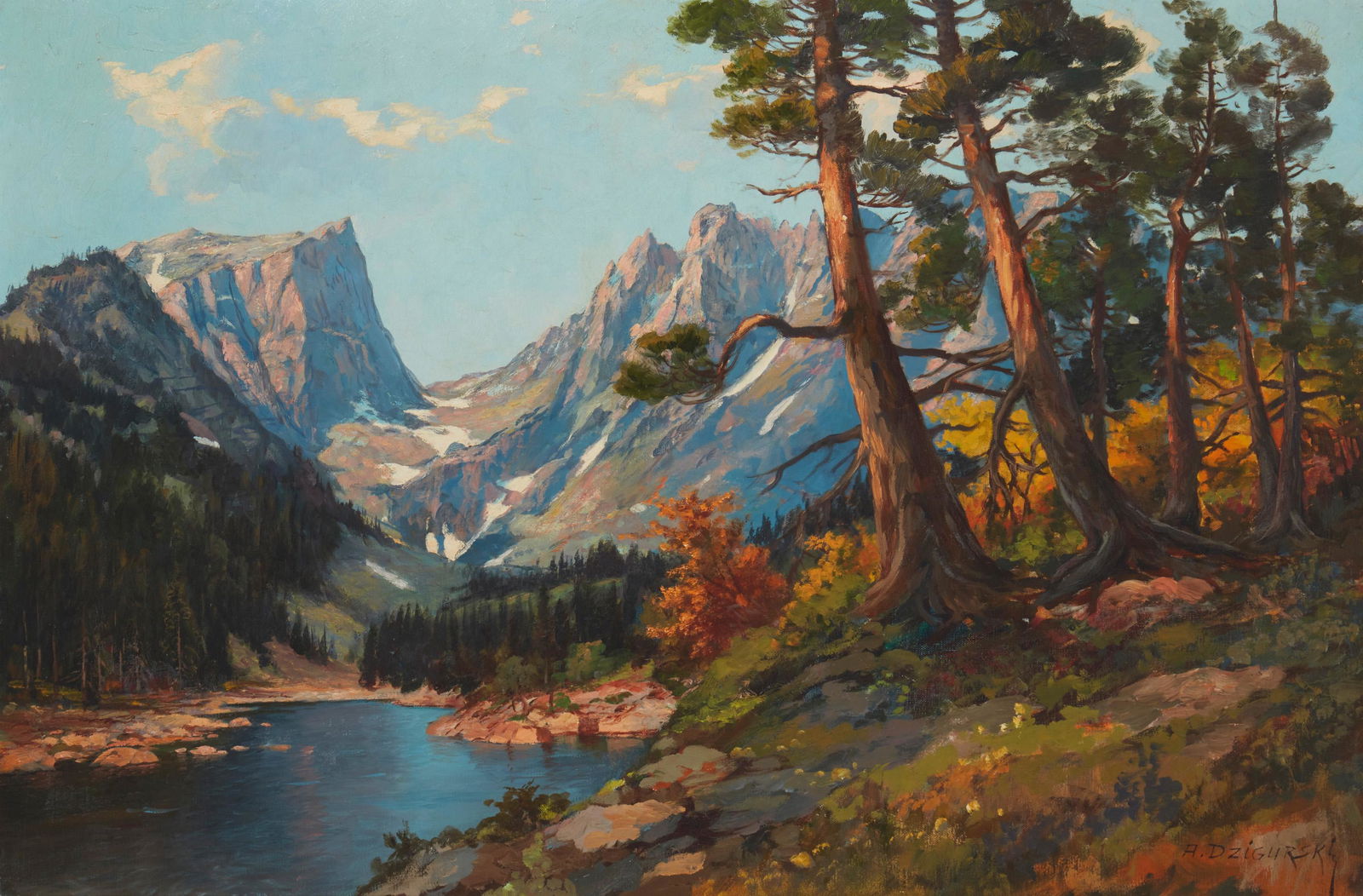 Alexander Dzigurski (1911-1995, Los Angeles, CA): "Dream Lace - Estes Pk. Colo." Oil on canvas Signed lower right: A. Dzigurski, titled on the stretcher 24" H x 36" W Provenance: Camilla Lucas, New York, NY