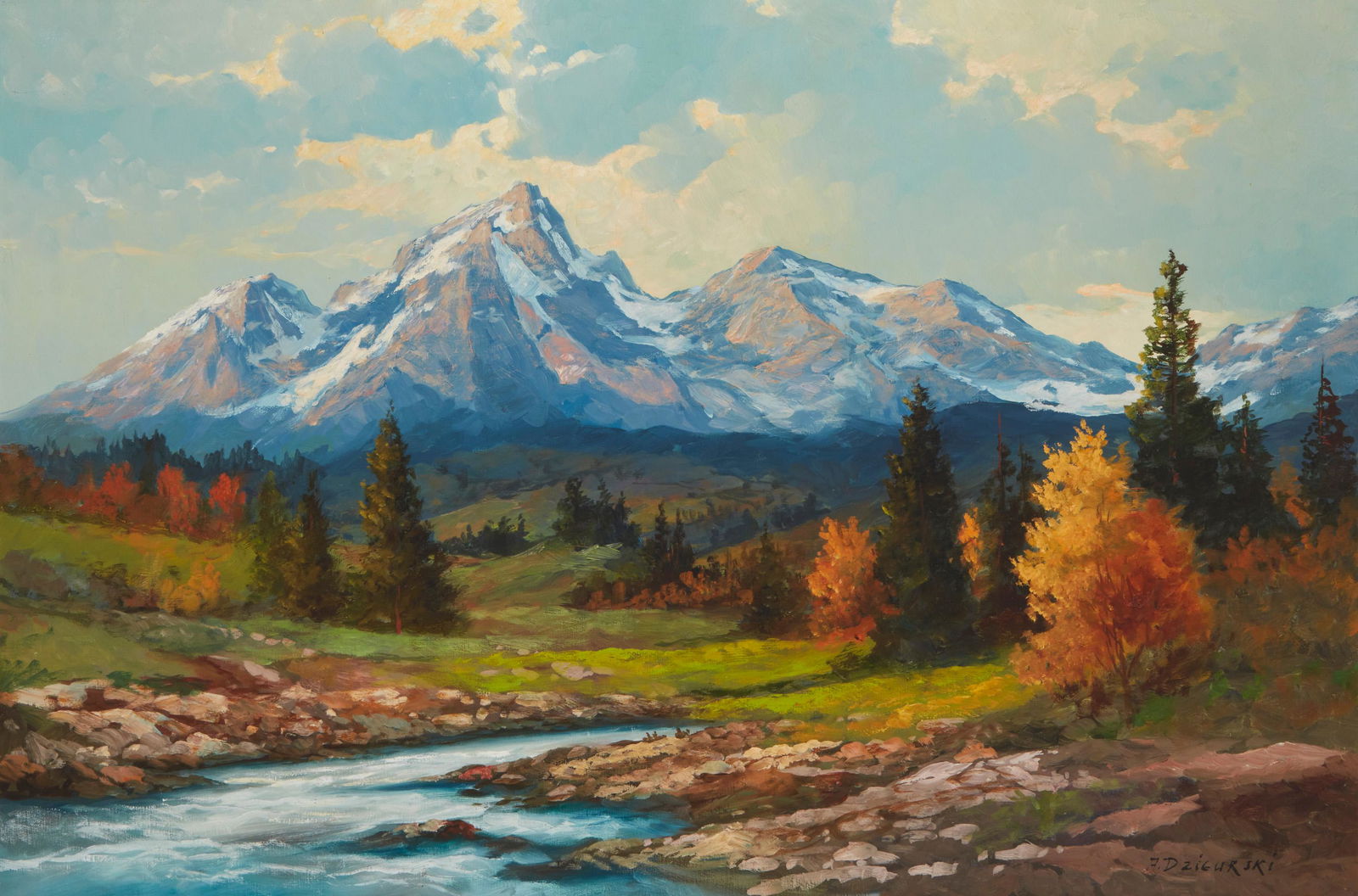 Alexander Dzigurski (1911-1995, Los Angeles, CA): "Two Medicine Mountain - Glacier Natl. Park" Oil on canvas Signed lower right: A. Dzigurski, titled on the stretcher 24" H x 36" W Provenance: Camilla Lucas, New York, NY