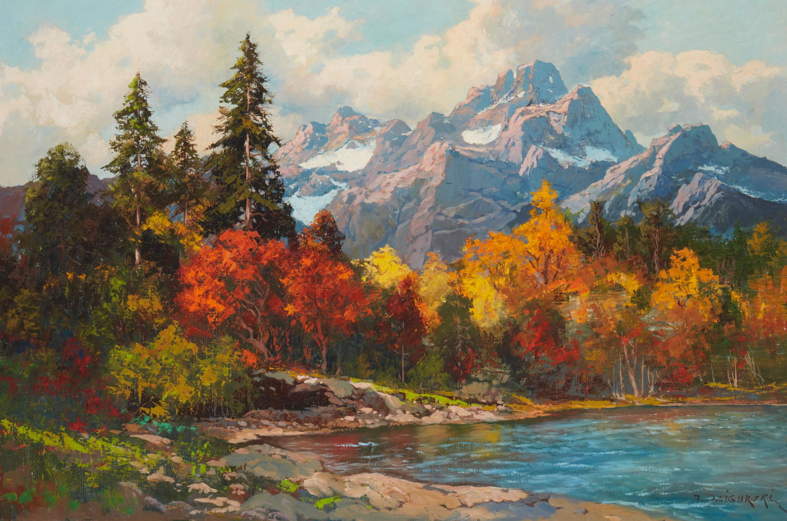 Alexander Dzigurski (1911-1995, Los Angeles, CA): "Glacier Ntl. Park Montana - Sun Highway" Oil on canvas Signed lower right: A. Dzigurski, titled on the stretcher 24" H x 36" W Provenance: Camilla Lucas, New York, NY
