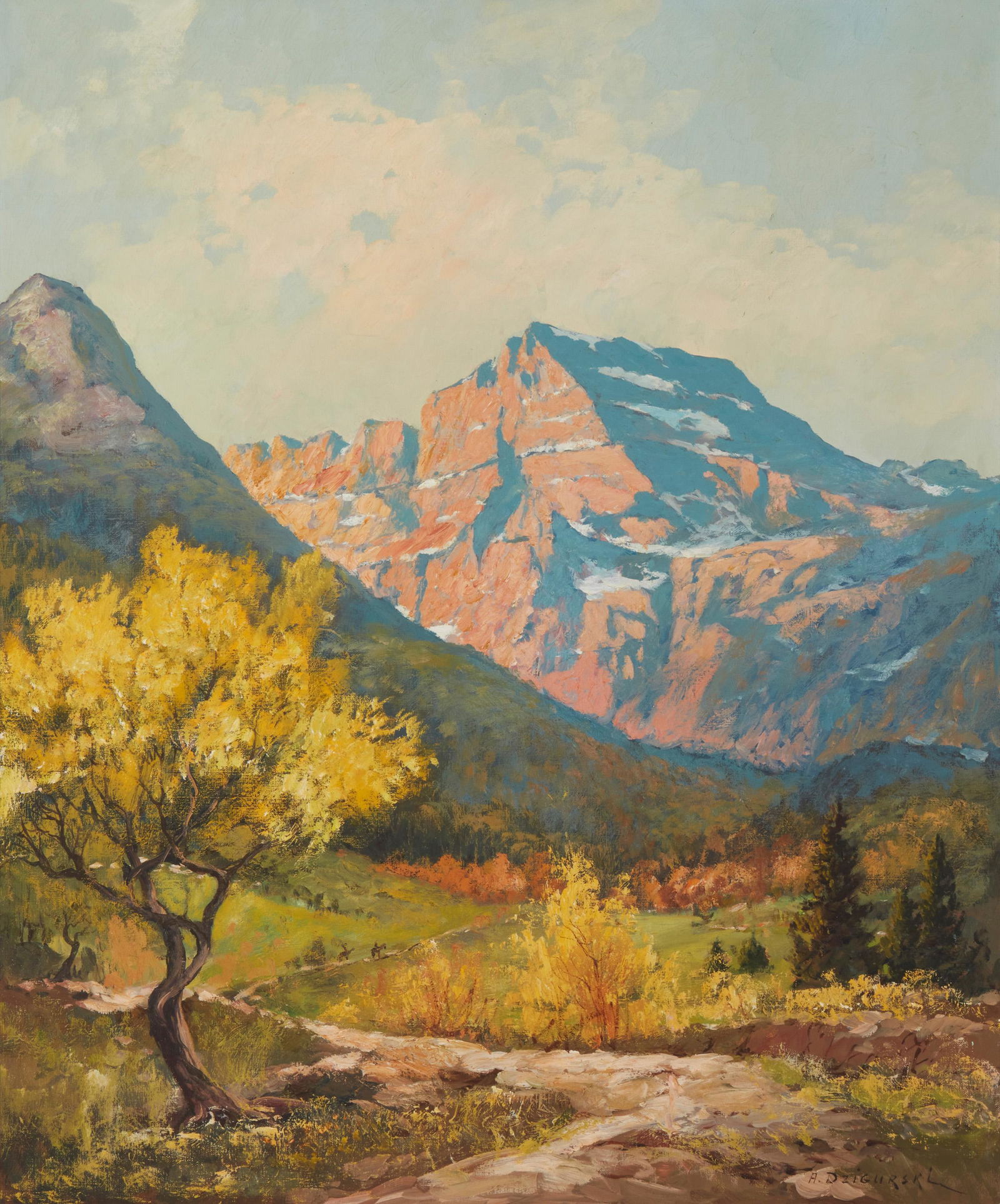 Alexander Dzigurski (1911-1995, Los Angeles, CA): "Many Glacier - Montana" Oil on canvas Signed lower right: A. Dzigurski, titled on the stretcher 30" H x 25" W Provenance: Camilla Lucas, New York, NY