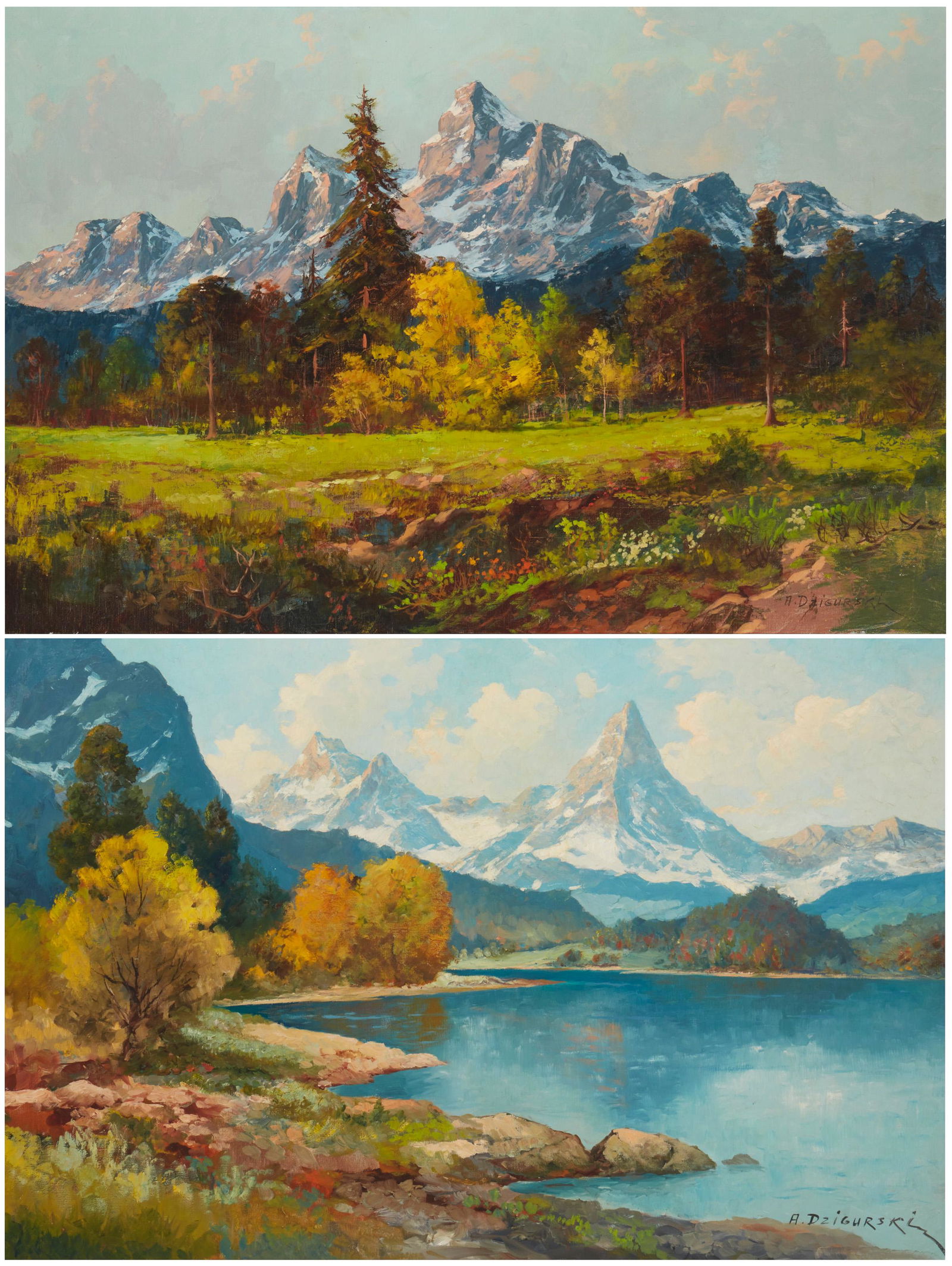 Alexander Dzigurski (1911-1995, Los Angeles, CA): Two works Meadow in a mountain landscape Oil on canvas Signed lower right: A. Dzigurski 24" H x 36" W "Lake San Marie, Glacier N.P. Montana" Oil on canvas Signed lower right: A. Dzigurs