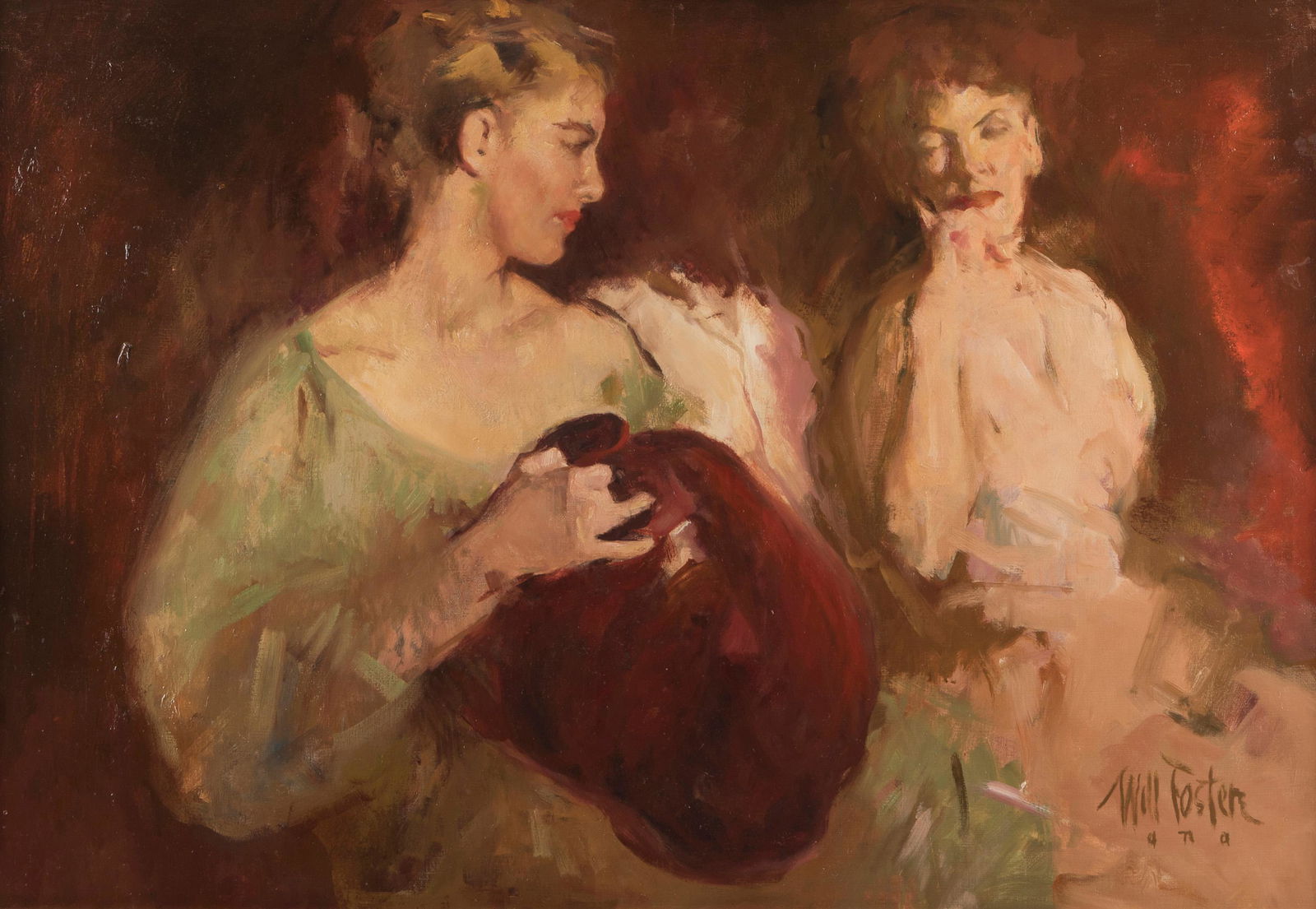 William Frederick Foster ANA (1883-1953, New York, NY): "Two Women and the Magenta Vase", circa 1941-42 Oil on canvas Signed lower right: Will Foster a.n.a. 30" H x 44" W Literature: P. Settecase Barton, "William Frederick Foster, A.N.A.: Portrait of