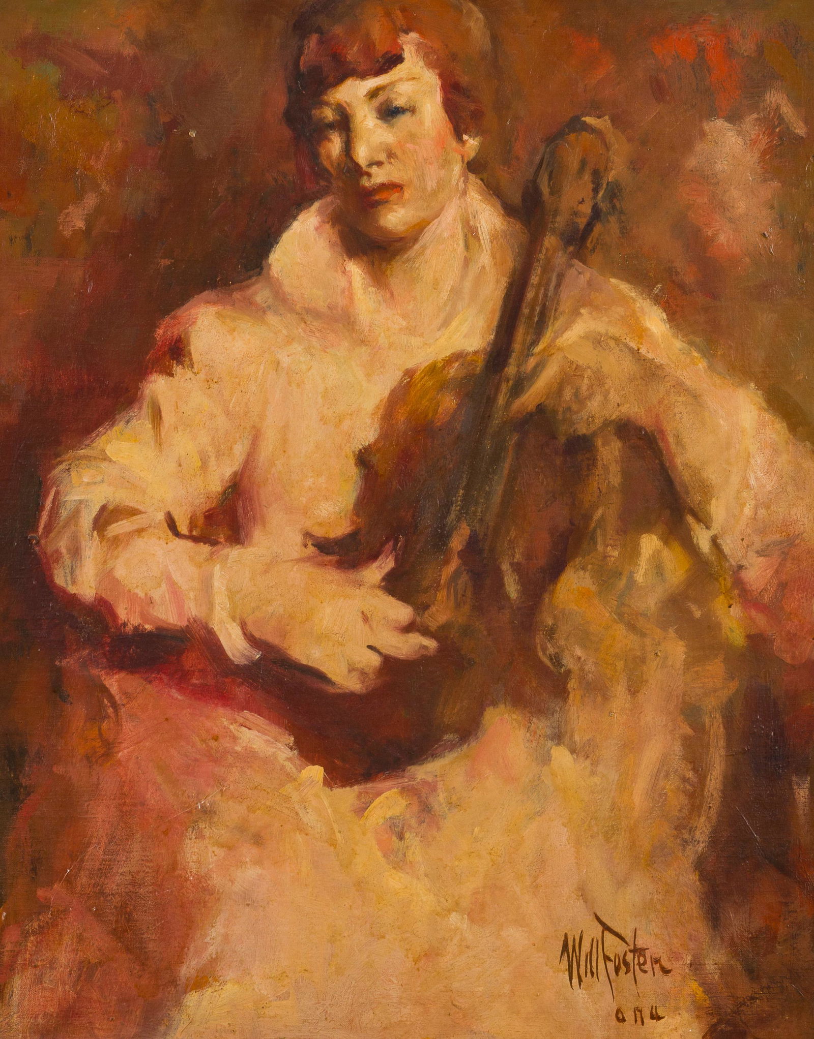 William Frederick Foster ANA (1883-1953, New York, NY): "Redhead with Violin," circa 1940s Oil on board Signed lower right: Will Foster a.n.a. 30" H x 24" W Literature: P. Settecase Barton, "William Frederick Foster, A.N.A.: Portrait of a Painter," Lo