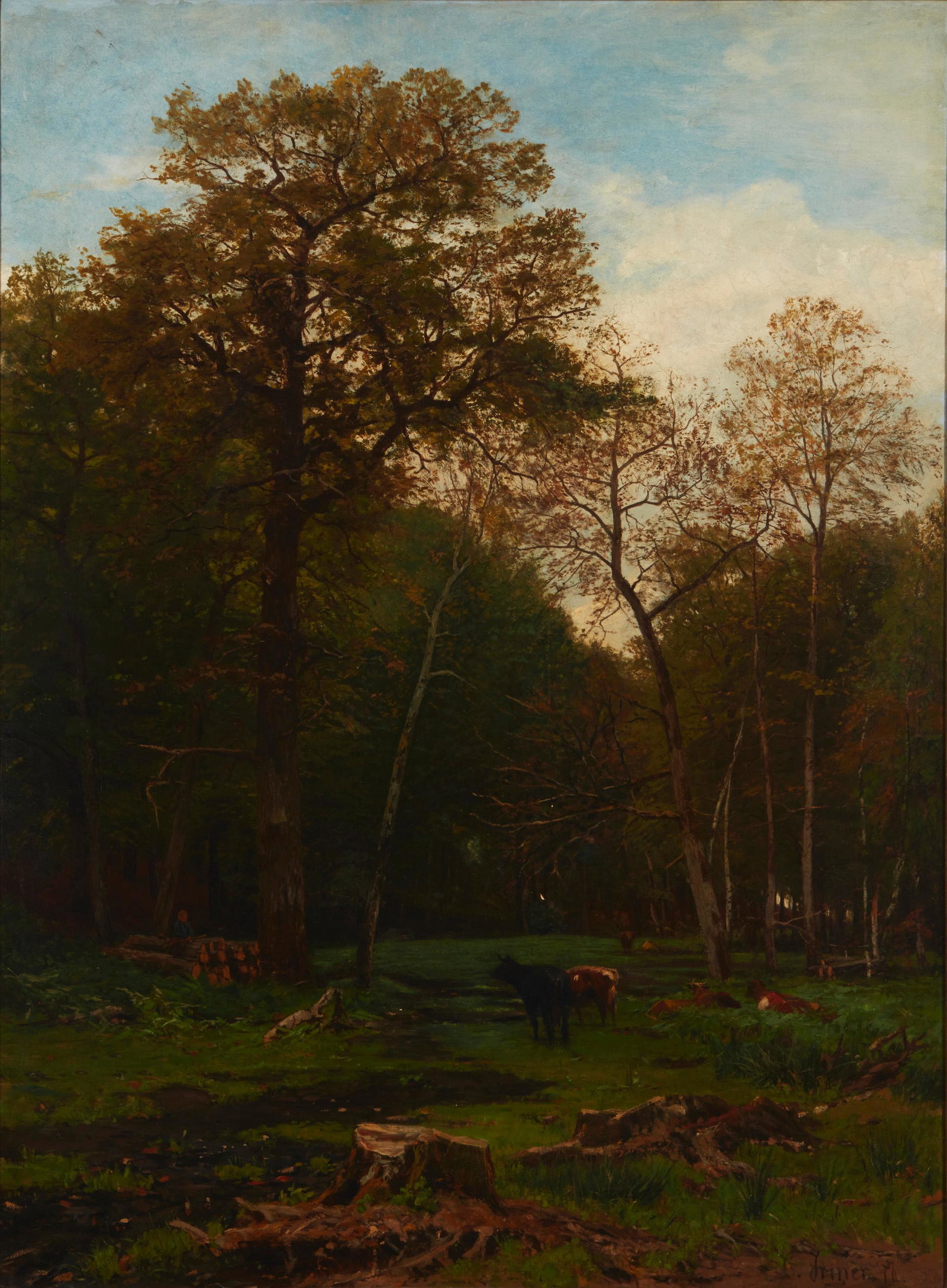 19th Century Continental School: Figure with cows in a pasture Oil on canvas laid to canvas Signed indistinctly lower right 50.5" H x 37.5" W