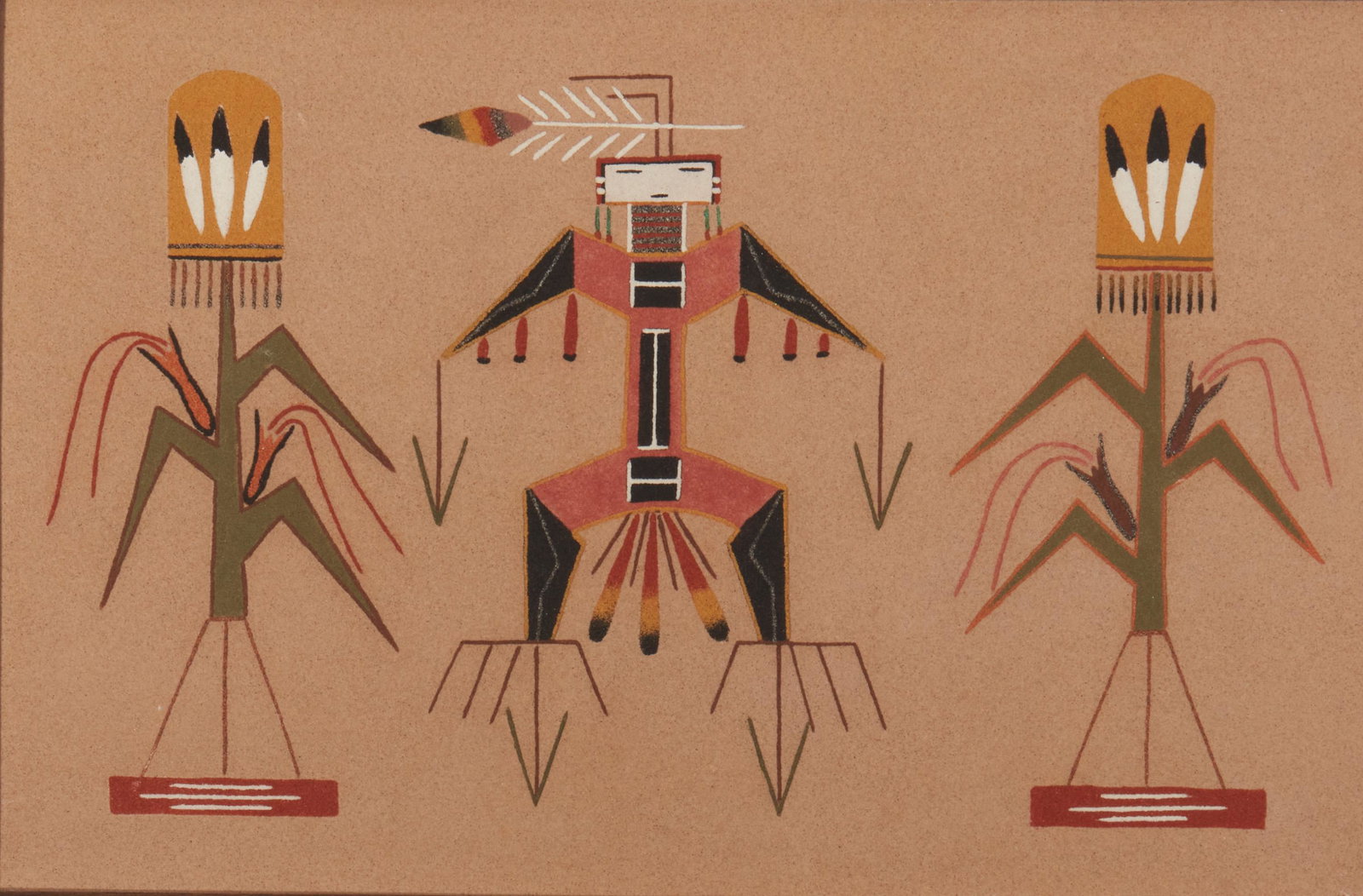 Navajo sand painting with figure and corn stalks: Sand on board Unsigned 11" H x 17.75" W