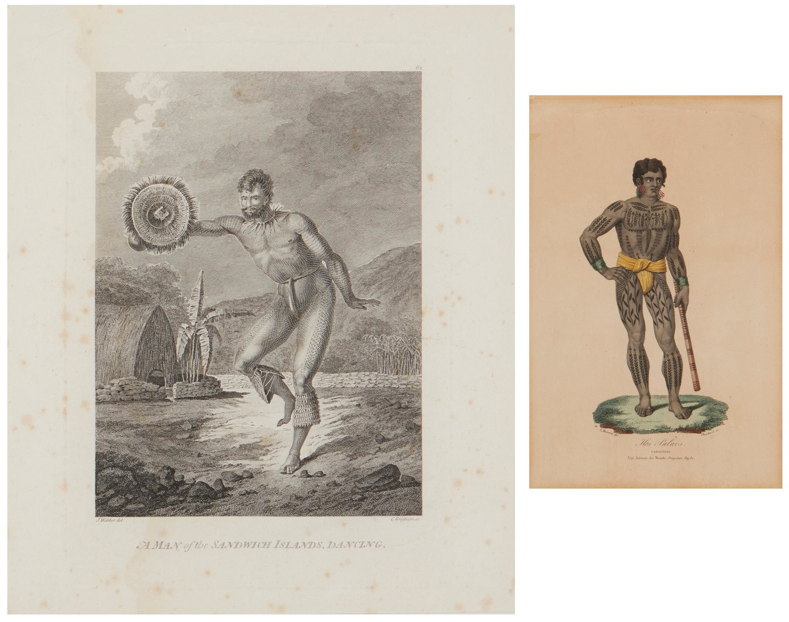 Continental School: Two works Each: Depiction of a South Sea Islander Each: Engraving, one with hand coloring, on paper under glass Each: Edition size unknown Sight of the largest: 13" H x 11" W