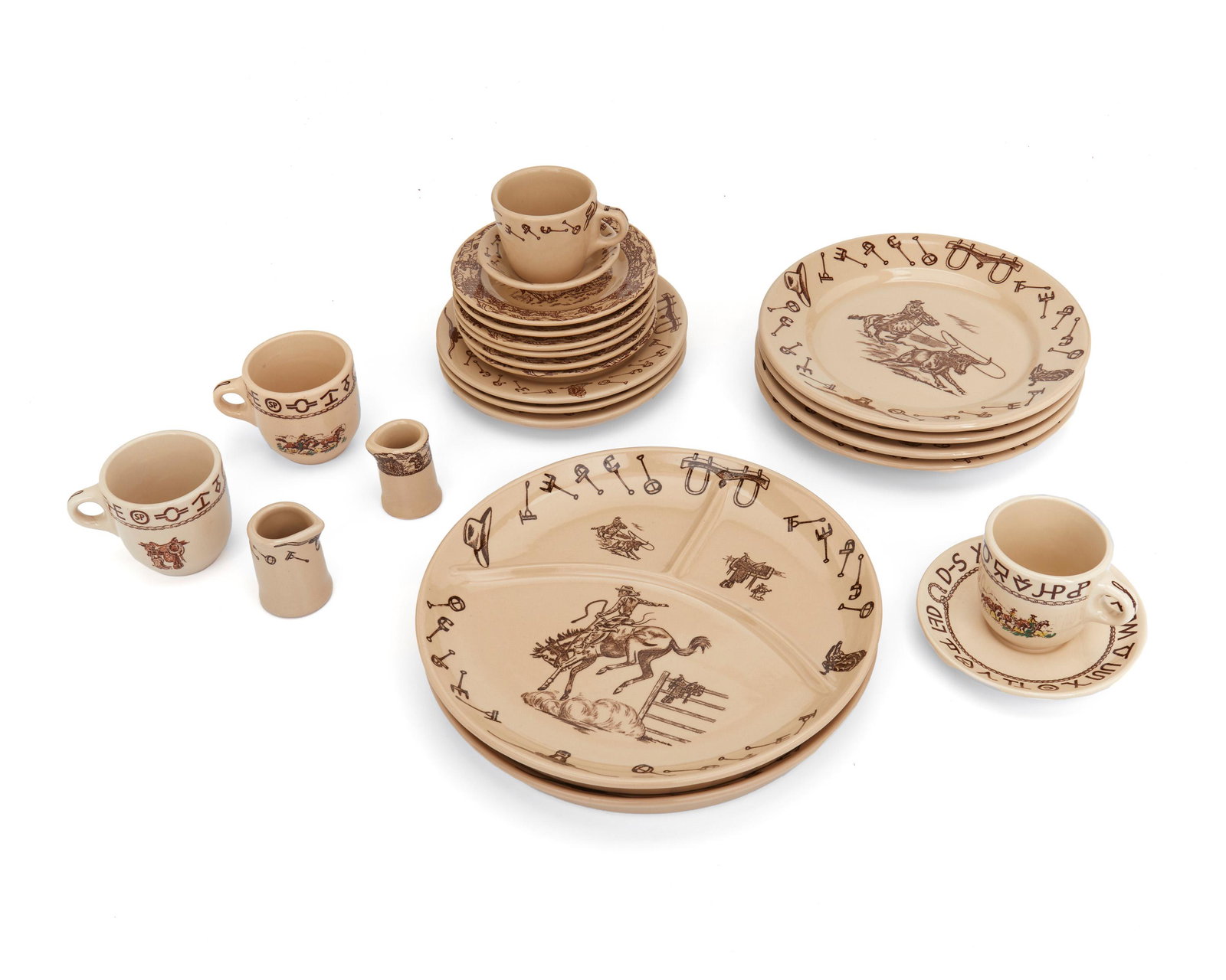 An assembled group of American Western-style restaurant: Mid-20th Century Nineteen marked: Tepco / USA; Some further marked: Western Traveler; Four marked: Wallace China / Westward Ho Rodeo Pattern / Made in California / USA Each with various Western motifs