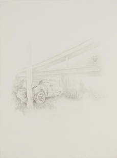 Kelly McLane (b. 1968, American): Untitled (Bunny on Overpass), 2001 Graphite on paper under Plexiglas Appears unsigned Sheet: 15" H x 11.25" W Provenance: Lucas Schoormans Gallery, New York The Blake Byrne Collection