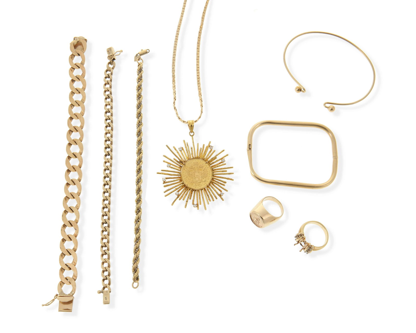 A group of gold jewelry: 14k yellow gold Comprising a pendant set with a 1915 Hungarian gold coin within a starburst frame set with small round diamonds with a neck chain, three link bracelets, two bangle bracelets, a figura