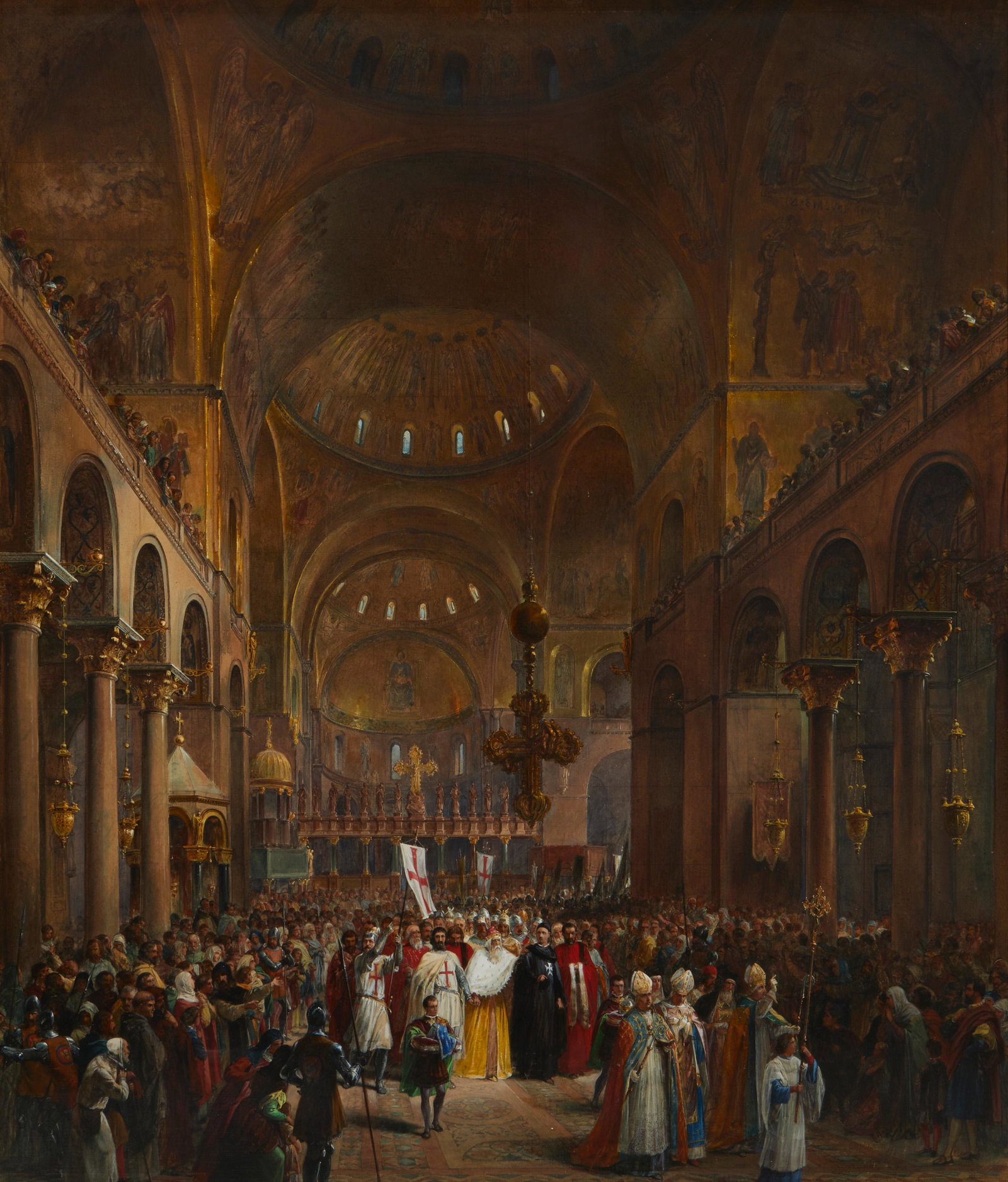 Louis Haghe (1806-1885, Belgian): "The Duke Andre Dandolo Departing for the Crusade from St. Mark's Cathedral, Venice," 1863 Watercolor and gouache, faintly squared in pencil for transfer, on paper under glass Appears unsigned; titled
