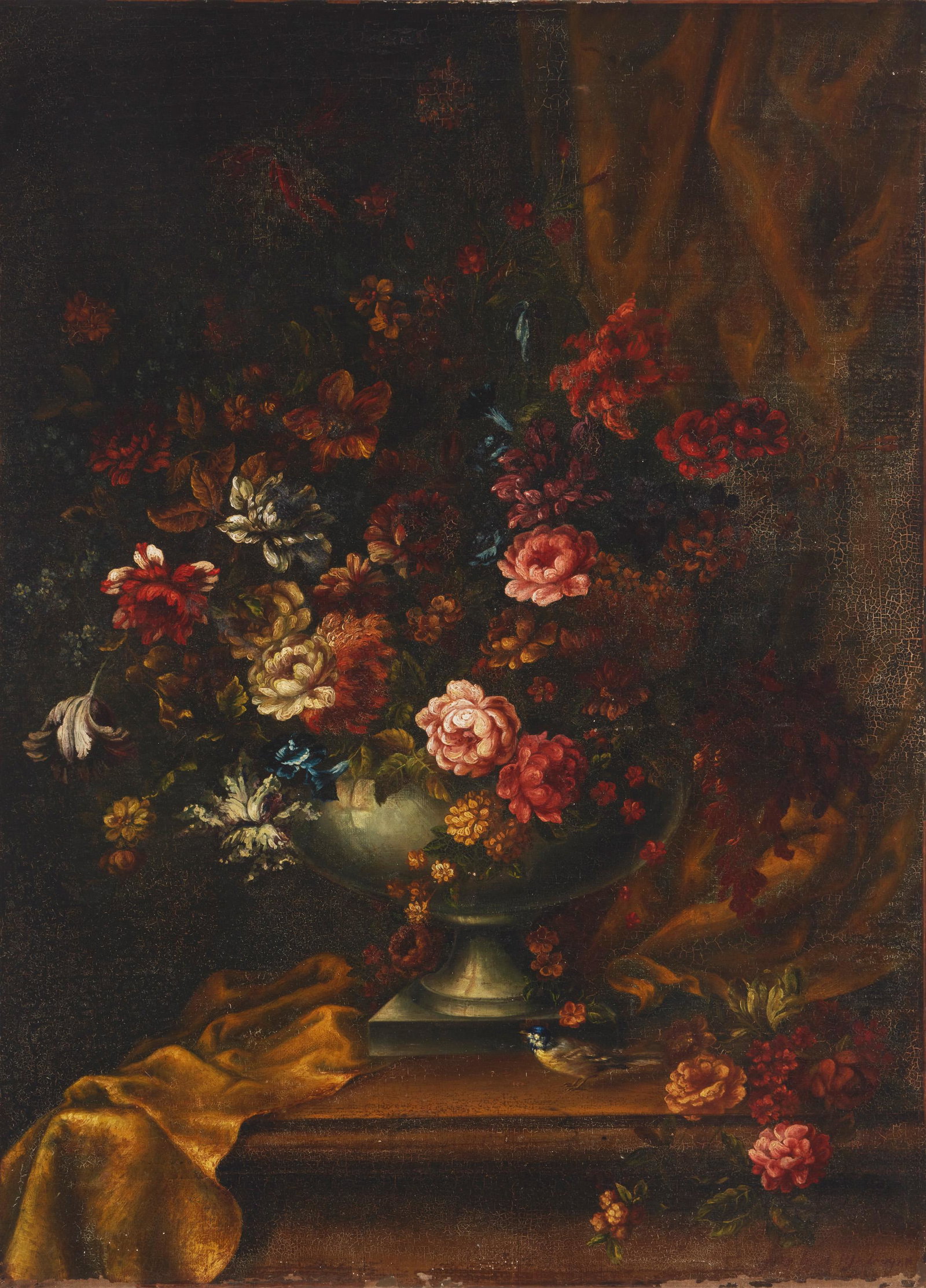 Floral still life with bird: 18th Century Dutch/Flemish School Oil on paper laid to canvas Indistinctly signed lower right 43.5" H x 31.5" W