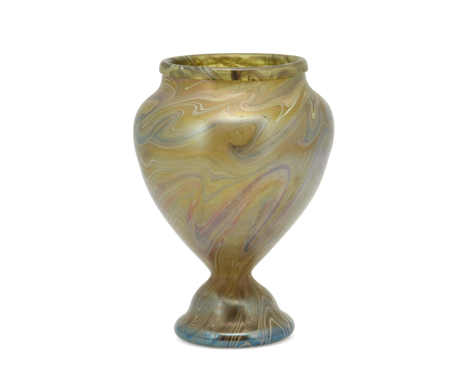 A Loetz-style art glass vase: Late 19th/early 20th Century Spurious mark to underside The iridescent glass vase with pulled swirl motif in hues of green and blue with wide-shouldered body and flared foot 8.75" H x 6.25" Dia. Prove