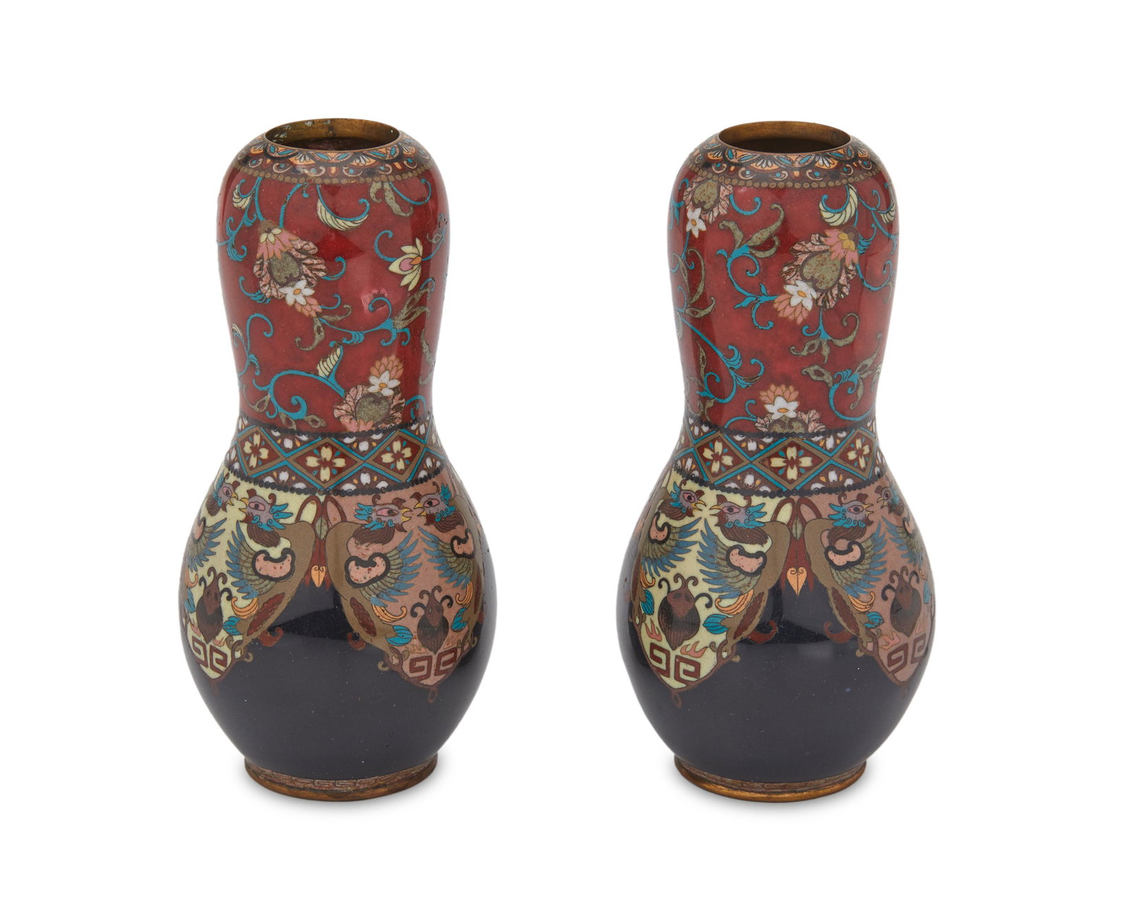 A pair of Japanese cloisonne gourd vases: Meiji Period (1868-1912) Each: enamel cloisonne gourd vase with brass rim and base, decorated with polychrome avian and floral motifs on a red and dark blue ground, 2 pieces Each: 6" H x 3" Dia. Prove