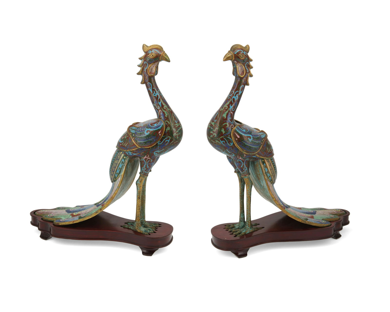 A pair of Chinese cloisonne peacock vessels (1 of 3)