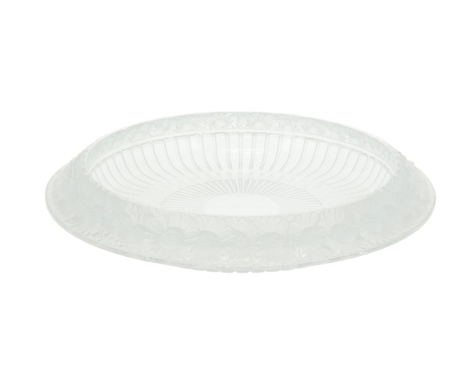 A Lalique "Marguerite" crystal bowl: Circa 1945-1977 Signed: Lalique France Designed 1933 by Rene Lalique, in clear and frosted crystal with a band of deep molded daises to the neck 2.25" H x 14" Dia.
