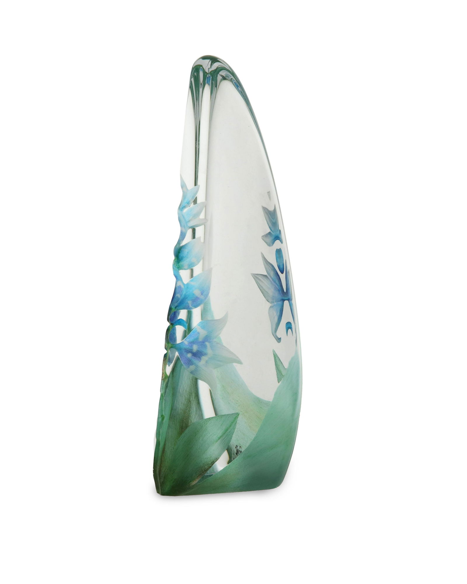 Mats Jonasson (b. 1945, Swedish): Blue wildflower Cast, engraved, and painted lead crystal glass Signed: M / Sweden / J878; with original factory label 8.25" H x 3.5" W x 2.25" D