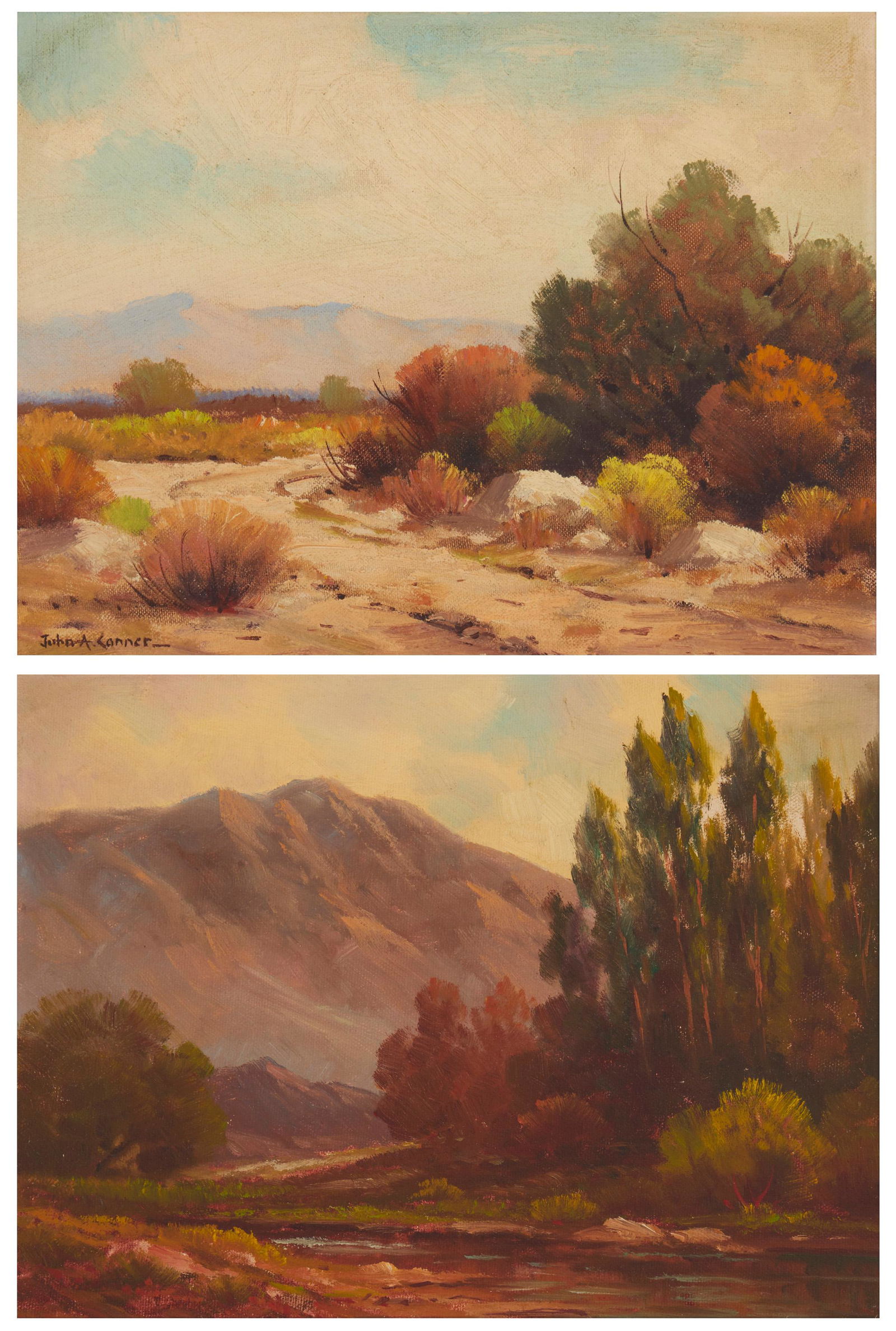 John Anthony Conner (1897-1971, Hollywood, CA): Two works "Desert Vista" Oil on canvas board Signed lower left: John A. Conner; titled on the frame verso 9" H x 12" W "Along the Sespe" Oil on canvas board Unsigned; titled on the back