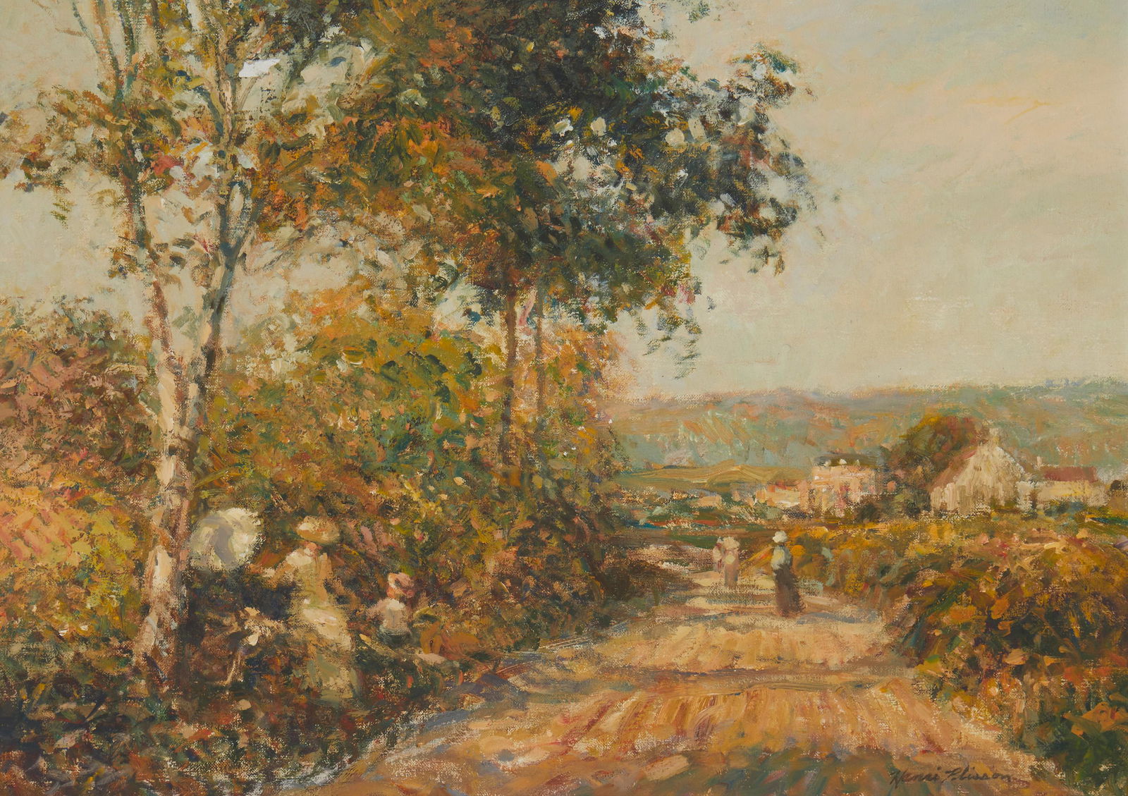 Henri Plisson (1934-2006, American): Figures on a road into a town Oil on canvas Signed lower right: Henri Plisson 15.25" H x 21.5" W Notes: This artist's real name was Patrick Ryan. Henri Plisson was a pseudonym he adopted as his s