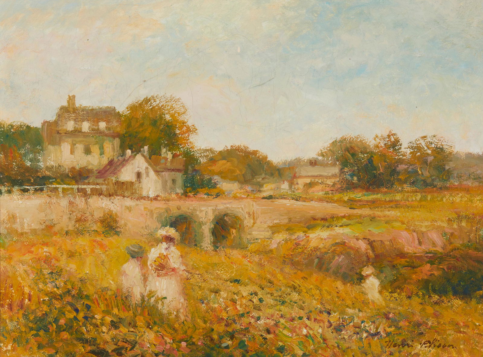 Henri Plisson (1934-2006, American): Figures in a field Oil on canvas Signed lower right: Henri Plisson 11.75" H x 15.75" W Notes: This artist's real name was Patrick Ryan. Henri Plisson was a pseudonym he adopted as his style becam
