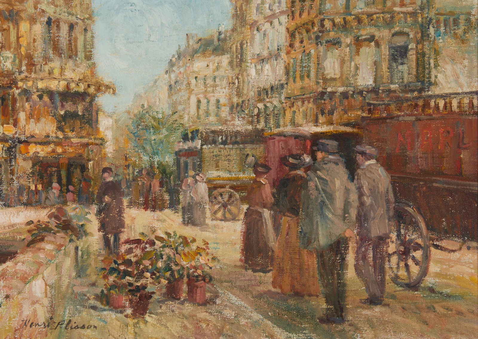 Henri Plisson (1934-2006, American): Flower seller Oil on canvas Signed lower left: Henri Plisson 10.75" H x 14.75" W Notes: This artist's real name was Patrick Ryan. Henri Plisson was a pseudonym he adopted as his style became more
