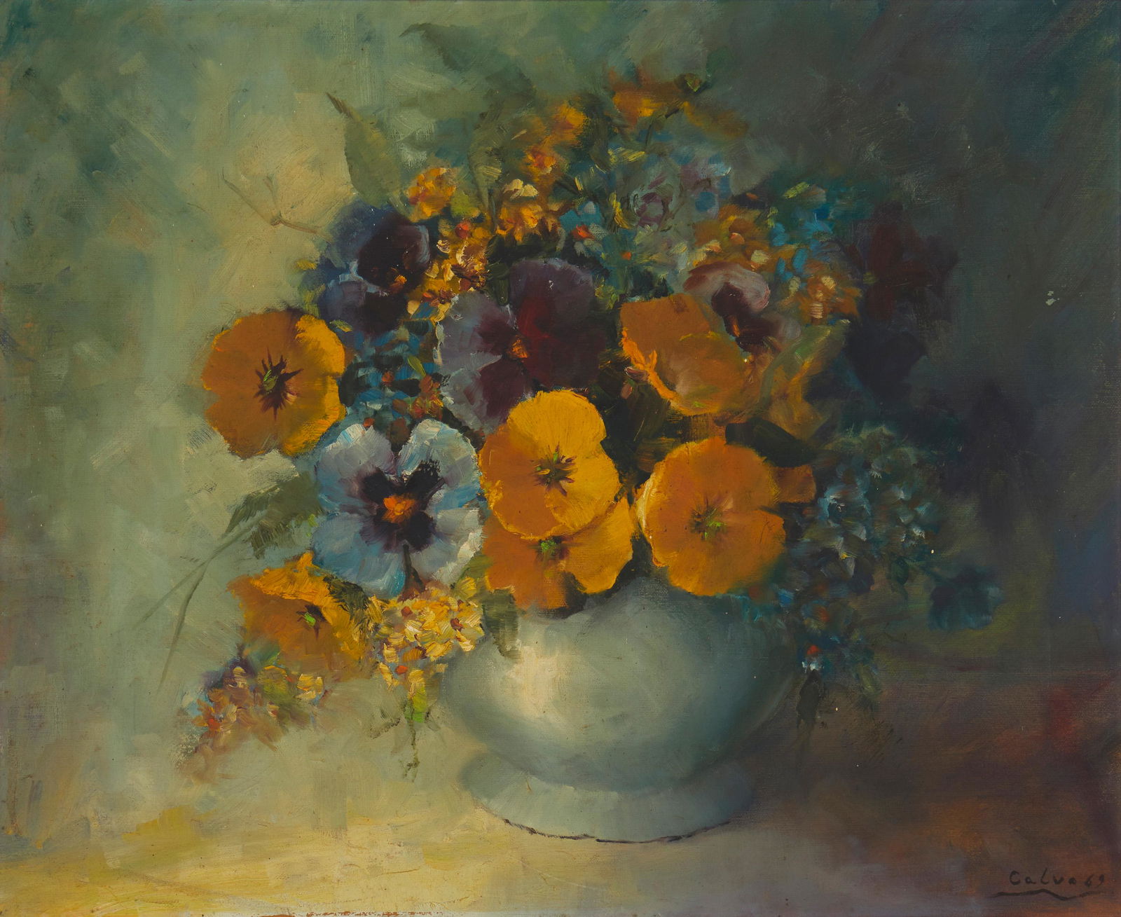 Maria del Carmen Calvo (1937-2019, Capistrano Beach,: Floral still life, 1969 Oil on canvas Signed and dated lower right: Calvo; signed again verso 20" H x 24" W