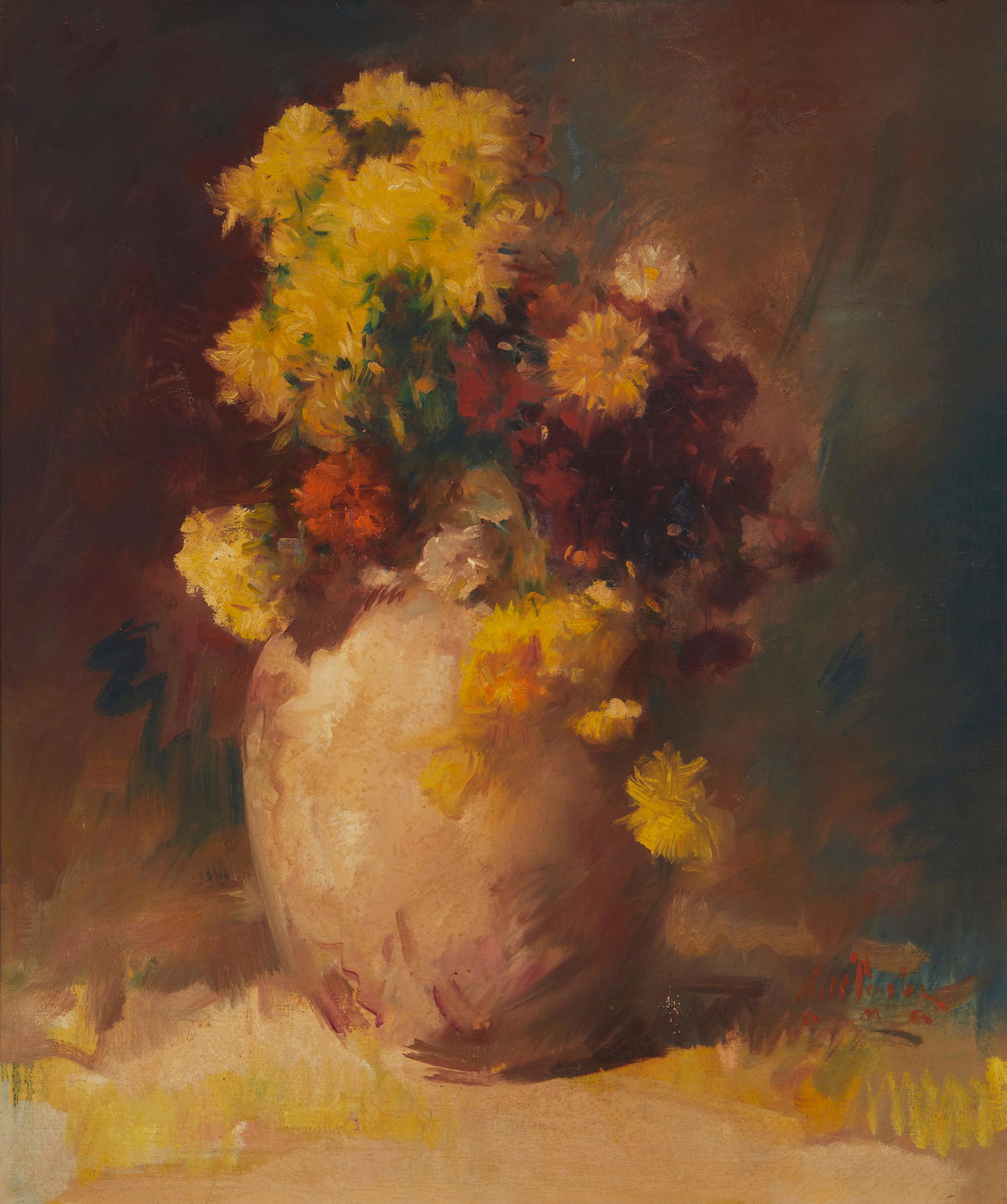 William Frederick Foster A.N.A. (1883-1953, New York,: "California Chrysanthemums," circa 1940 Oil on canvas Signed lower right: Will Foster 30.25" H x 25" W Literature: Phyllis Settecase Barton, "William Frederick Foster, A.N.A.: Portrait of a Paint