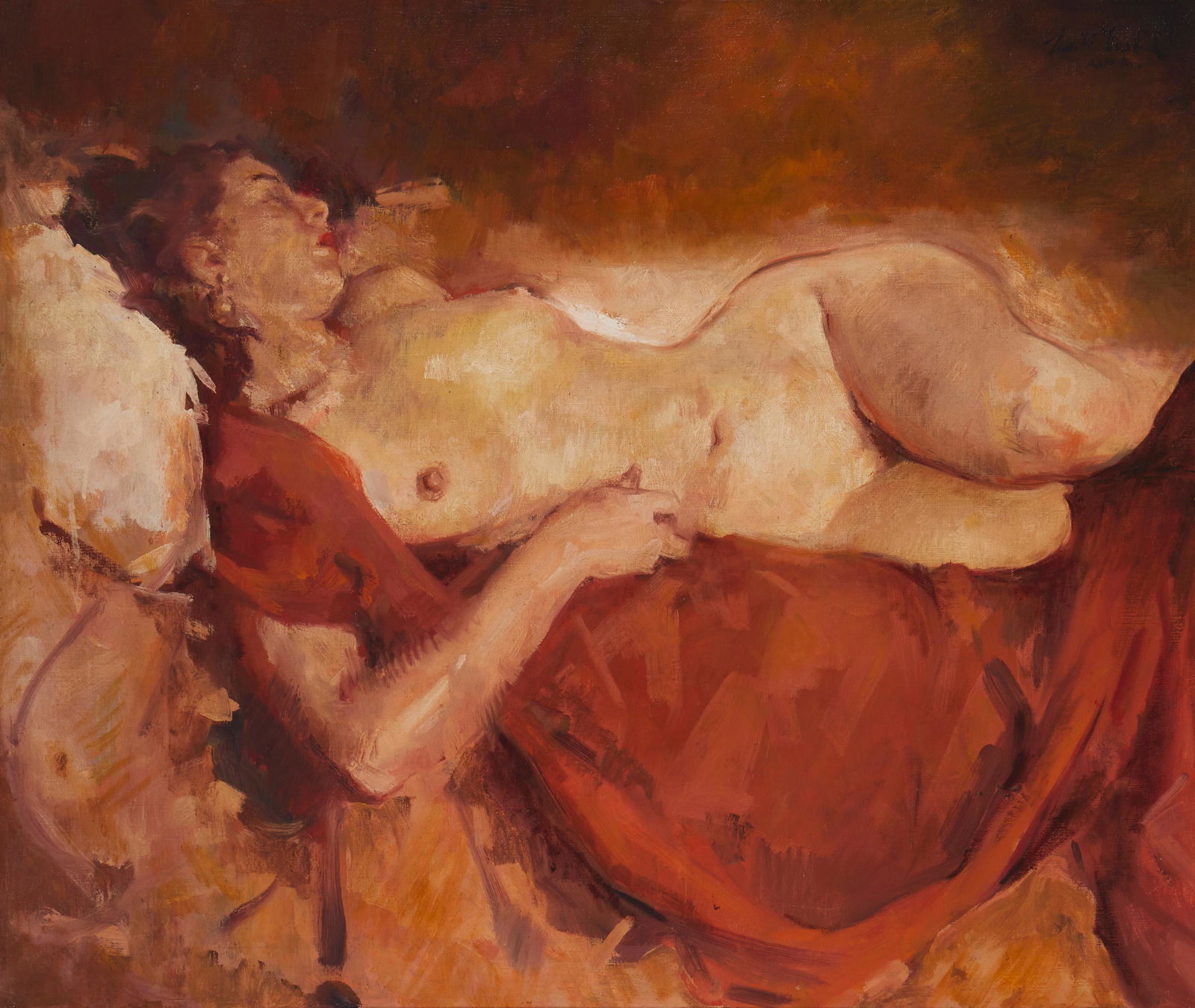 William Frederick Foster A.N.A. (1883-1953, New York,: "Sleeping Nude Figure," 1942 Oil on canvas Signed upper right: Will Foster A.N.A.; signed again on the stretcher verso 27" H x 32.25" W Literature: Phyllis Settecase Barton, "William Frederick Fo