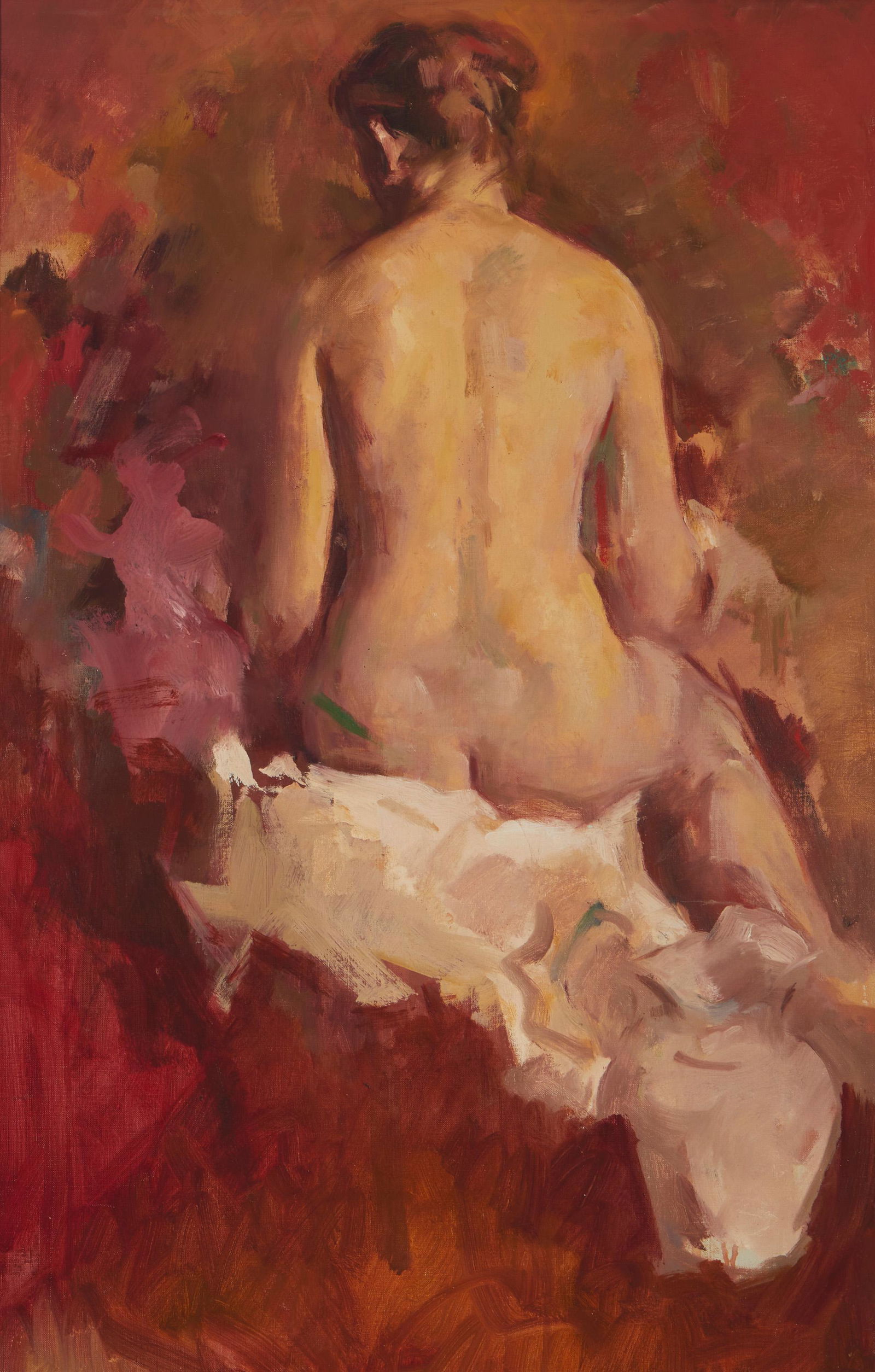 William Frederick Foster A.N.A. (1883-1953, New York,: "The Boudoir (Seated Back Nude)" Oil on canvas Unsigned 36" H x 23" W Literature: Phyllis Settecase Barton, "William Frederick Foster, A.N.A.: Portrait of a Painter," Los Angeles, CA, 1989, plate