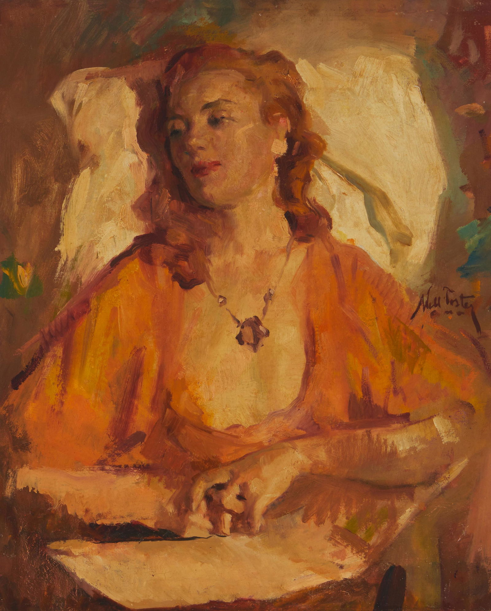 William Frederick Foster A.N.A. (1883-1953, New York,: "Repose" Oil on canvas laid to linen Signed right center: Will Foster a. n. a. 27" H x 22" W Literature: Phyllis Settecase Barton, "William Frederick Foster, A.N.A.: Portrait of a Painter," Los A