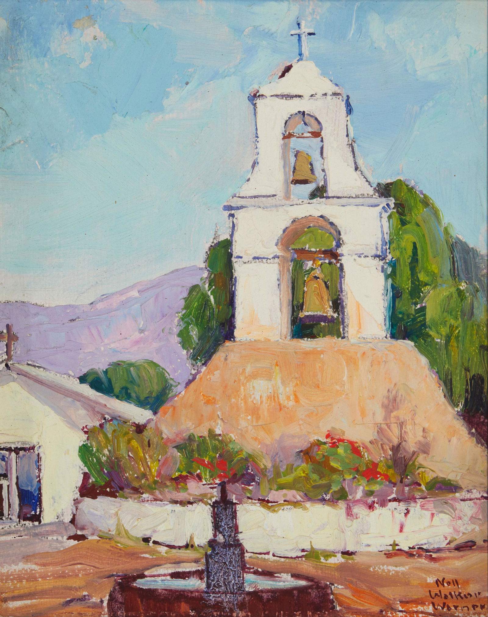 Nell Walker Warner (1891-1970, Carmel, CA): "Pala Mission Tower" Oil on artist's board Signed lower right: Nell Walker Warner; titled verso 10" H x 8" W