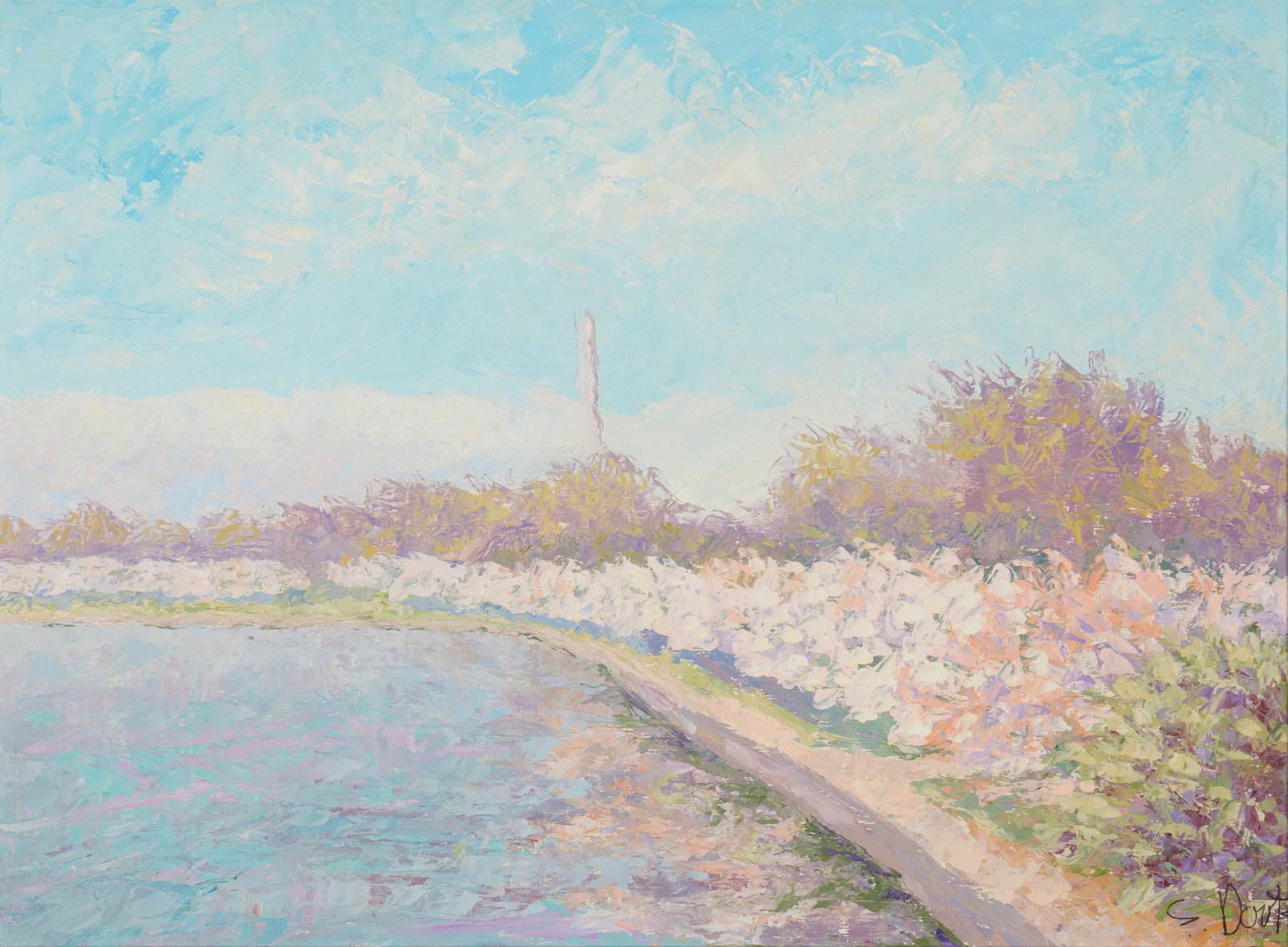 Stephen Dootz (20th-21st Century, American): "Tidal Basin," 1993 Oil on board Signed lower right: S. Dootz; signed again, titled, and dated verso Sight: 11 " H x 15" W