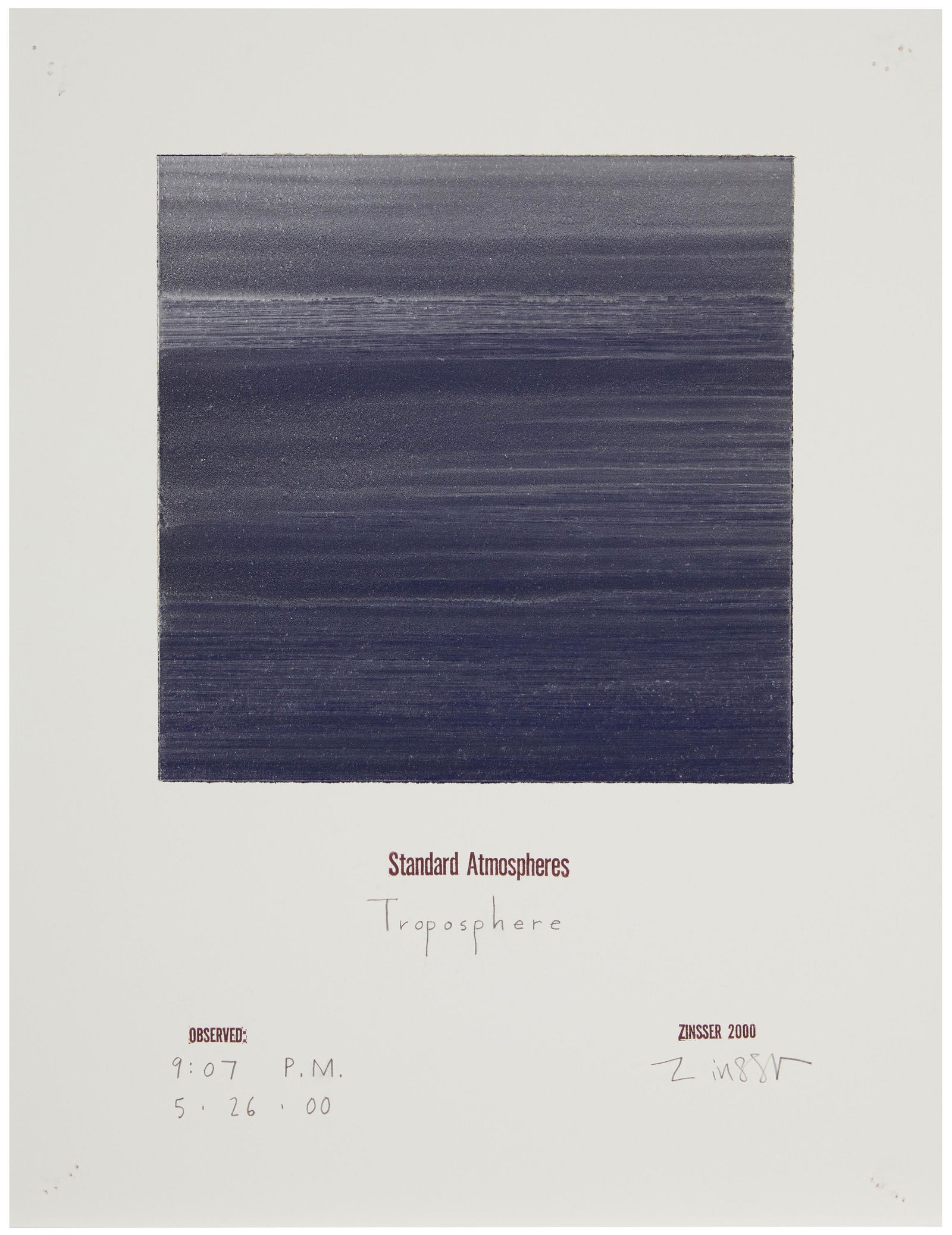 John Zinsser (b. 1961, American): "Standard Atmospheres: Troposphere," 2000 Alkyd, enamel and oil on Arches hot-press paper Signed, titled, dated, and inscribed: Zinsser / 9:07 P. M. / 5. 26. 00, all in pencil, in the lower margin