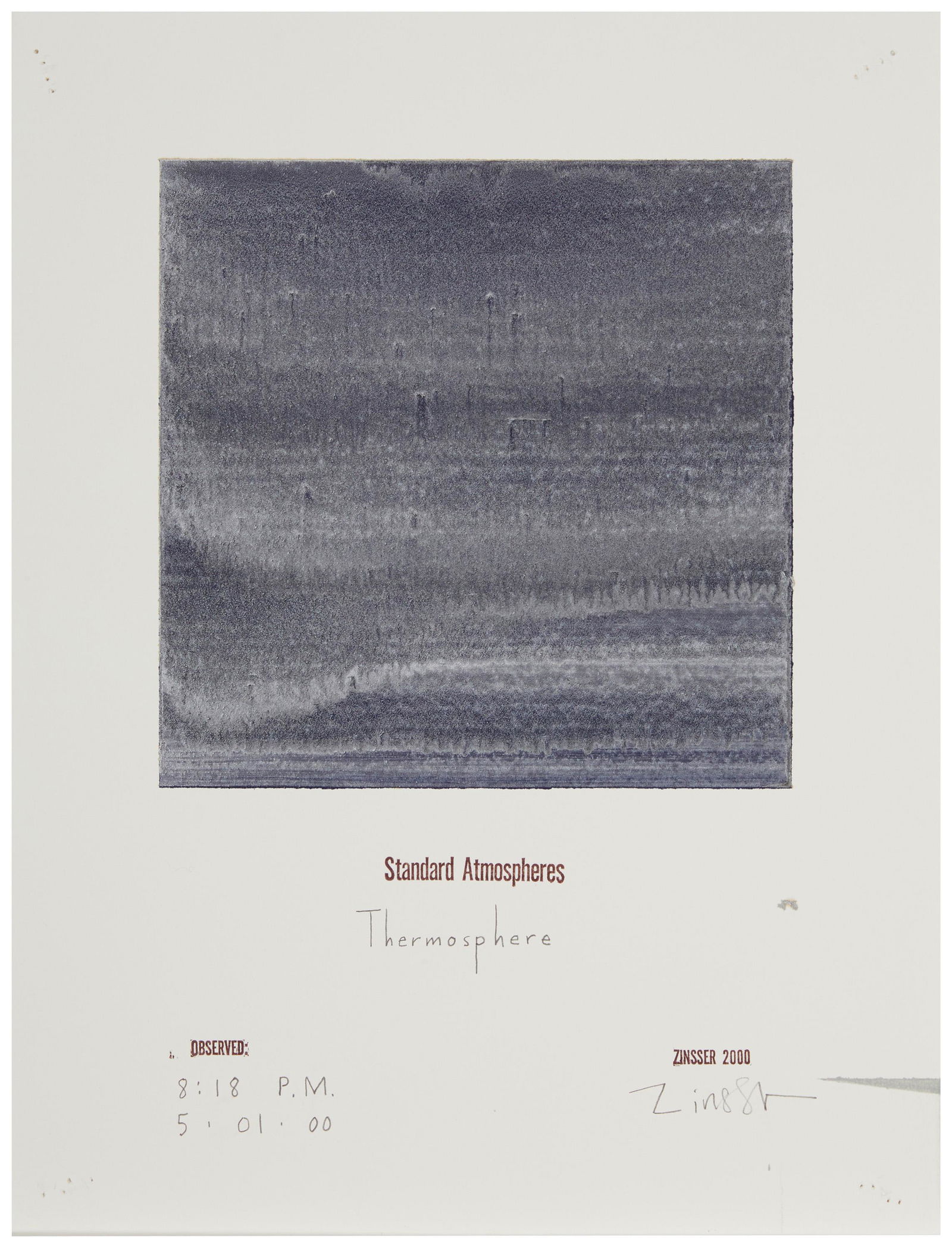 John Zinsser (b. 1961, American): "Standard Atmospheres: Thermosphere," 2000 Alkyd, enamel, and oil on Arches hot-press paper Signed, titled, dated and inscribed: Zinsser / 8:18 P.M. / 5. 01. 00, all in pencil, in the lower margin